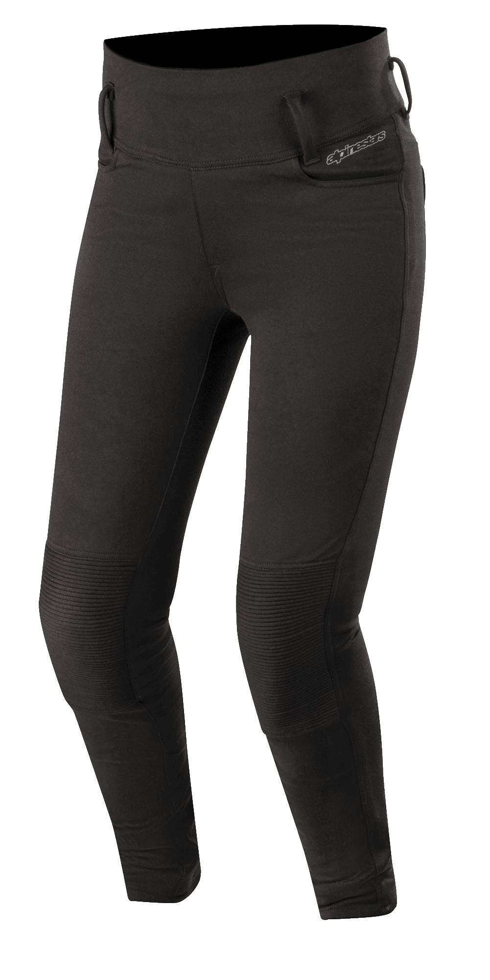 Alpinestars Banshee Women's Leggings, Black, fitted motorcycle riding leggings with reinforced ribbed knee panels, belt loops, and high-waisted design, sleek sporty look for urban road riding