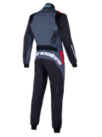 Alpinestars KMX-9 V3 Graphic 6 Suit, Gray and Black Karting Suit with Red accents, rear view featuring graphic patterned back, bold white Alpinestars branding across the lower back, and ergonomic panels for motorsport performance.