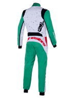Alpinestars KMX-9 V3 Graphic 6 Anzug, Kart-Anzug, Weiß, Grün und Rot, Rückansicht, mit gesprenkeltem Grafikmuster am oberen Rücken, grünen Beinen und Ärmeln, markantem rotem Branding am unteren Rücken und schwarzen Stretcheinsätzen