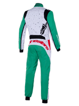 Alpinestars KMX-9 V3 Graphic 6 Suit, Karting Suit, White Green and Red, Rear View, featuring a speckled graphic pattern on the upper back, green legs and sleeves, bold red branding on the lower back, and black stretch panels