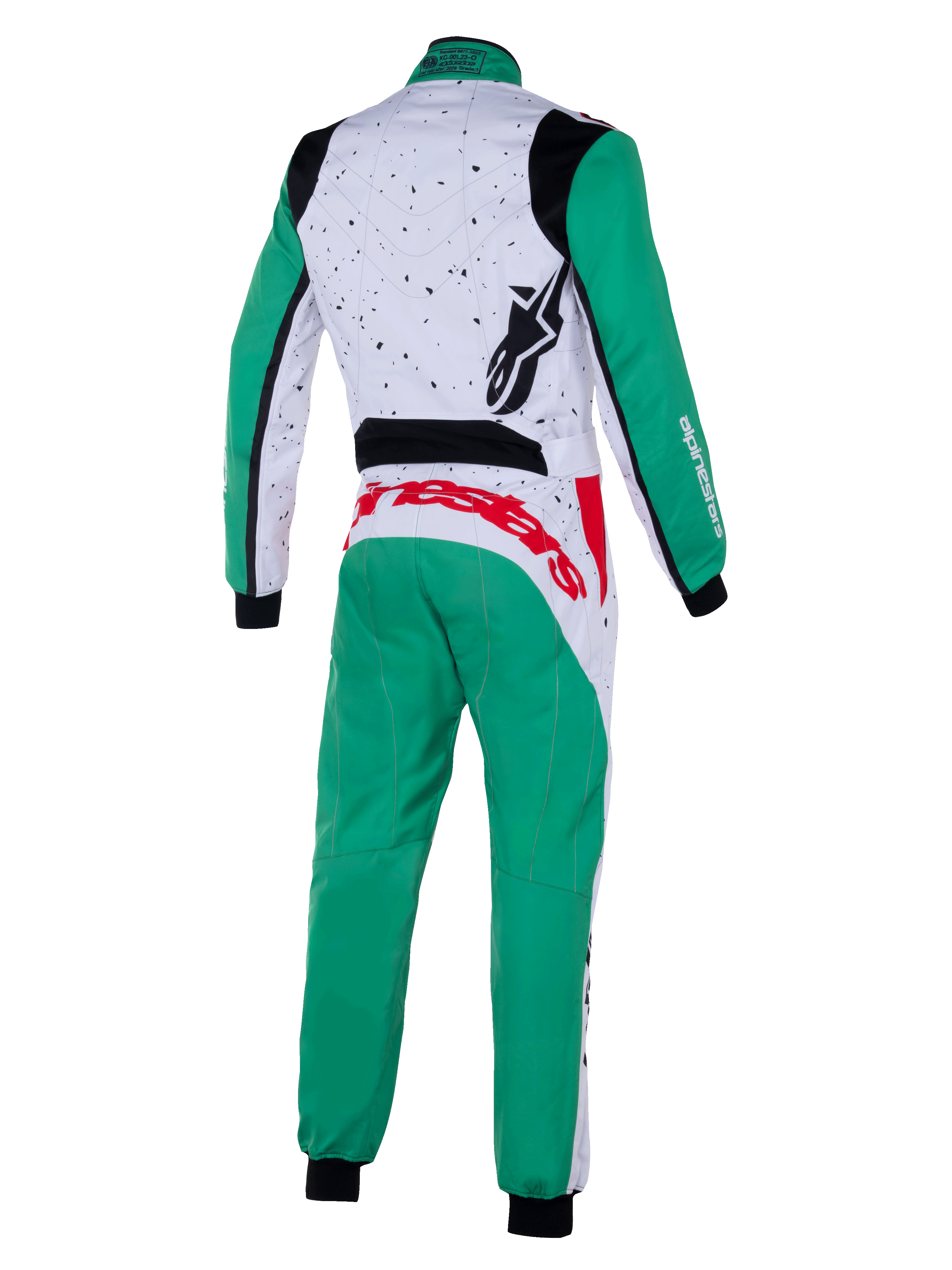 Alpinestars KMX-9 V3 Graphic 6 Anzug, Kart-Anzug, Weiß, Grün und Rot, Rückansicht, mit gesprenkeltem Grafikmuster am oberen Rücken, grünen Beinen und Ärmeln, markantem rotem Branding am unteren Rücken und schwarzen Stretcheinsätzen