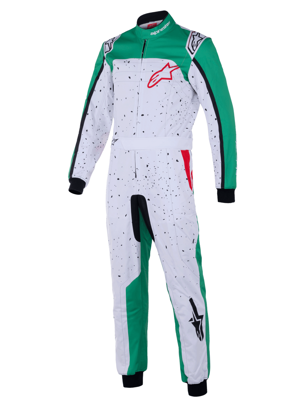 Alpinestars KMX-9 V3 Graphic 6 Anzug, Karting-Anzug, Weiß, Grün und Rot, weißer Hauptteil mit schwarzer Sprenkel-Grafik, grüne Seiteneinsätze an Beinen und Schultern, rotes Alpinestars-Logo auf der Brust, schwarze Hand- und Fußgelenkbündchen
