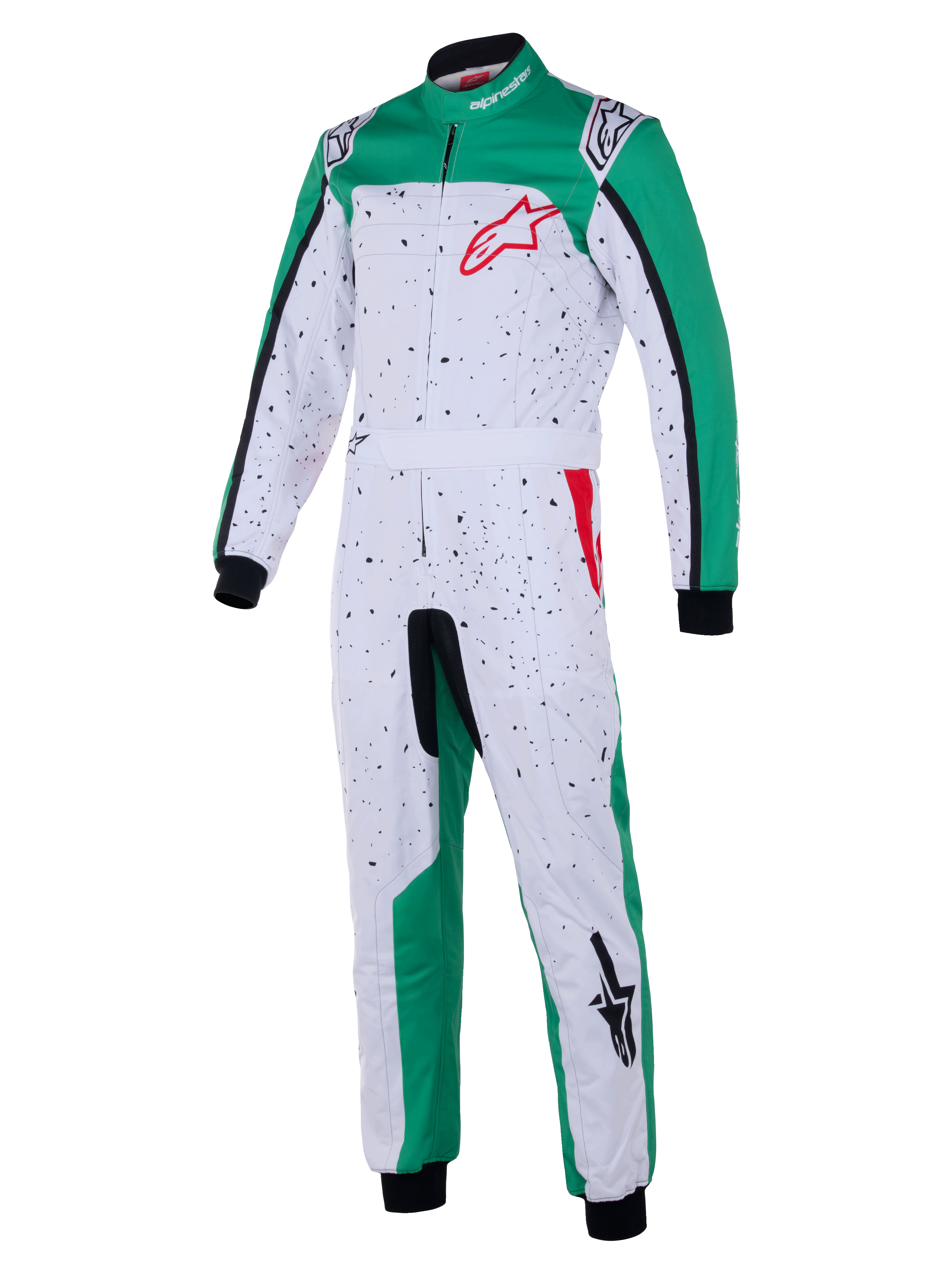 Alpinestars KMX-9 V3 Graphic 6 Anzug, Karting-Anzug, Weiß, Grün und Rot, weißer Hauptteil mit schwarzer Sprenkel-Grafik, grüne Seiteneinsätze an Beinen und Schultern, rotes Alpinestars-Logo auf der Brust, schwarze Hand- und Fußgelenkbündchen