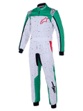 Alpinestars Youth KMX-9 V3 Graphic 6 Suit, Karting Racing Suit, White Green and Red, featuring a black speckled pattern on a white base, green panels, integrated waist belt, black cuffs, and red logo accents, youth motorsport apparel