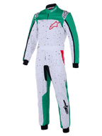 Alpinestars Youth KMX-9 V3 Graphic 6 Suit, Karting Racing Suit, White Green and Red, featuring a black speckled pattern on a white base, green panels, integrated waist belt, black cuffs, and red logo accents, youth motorsport apparel
