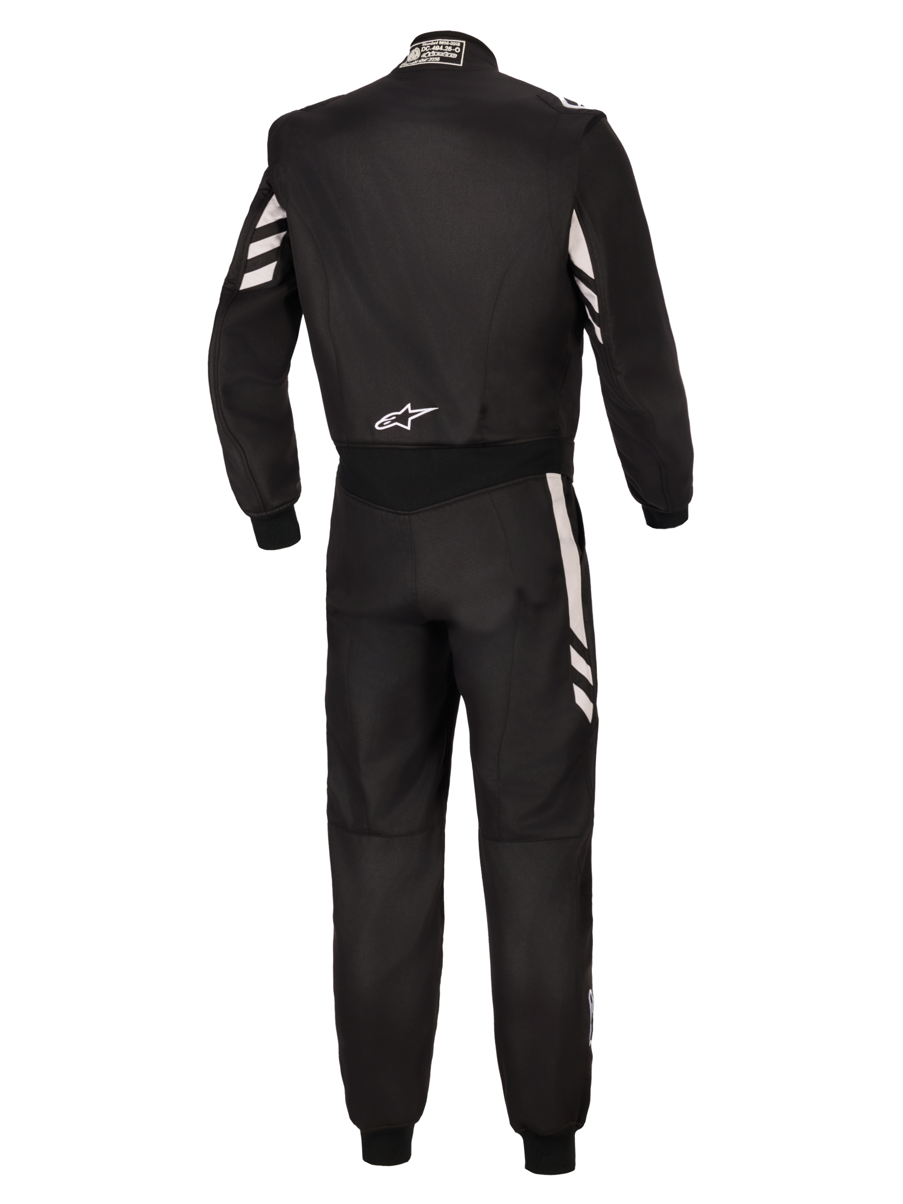 Alpinestars GP Race V3 Anzug FIA, Rückansicht eines schwarzen einteiligen Autorennanzugs mit silbernen Akzenten an den Ärmeln und Beinen, weißes Alpinestars-Logo auf dem unteren Rücken, FIA-zertifizierte professionelle Motorsportausrüstung.