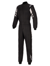 Alpinestars GP Race V3 Suit FIA, Auto Racing Suit, Black and Silver, featuring two-layer construction, white diagonal stripes on the arms, Alpinestars logos on shoulders and lower leg, ribbed cuffs and belted waist