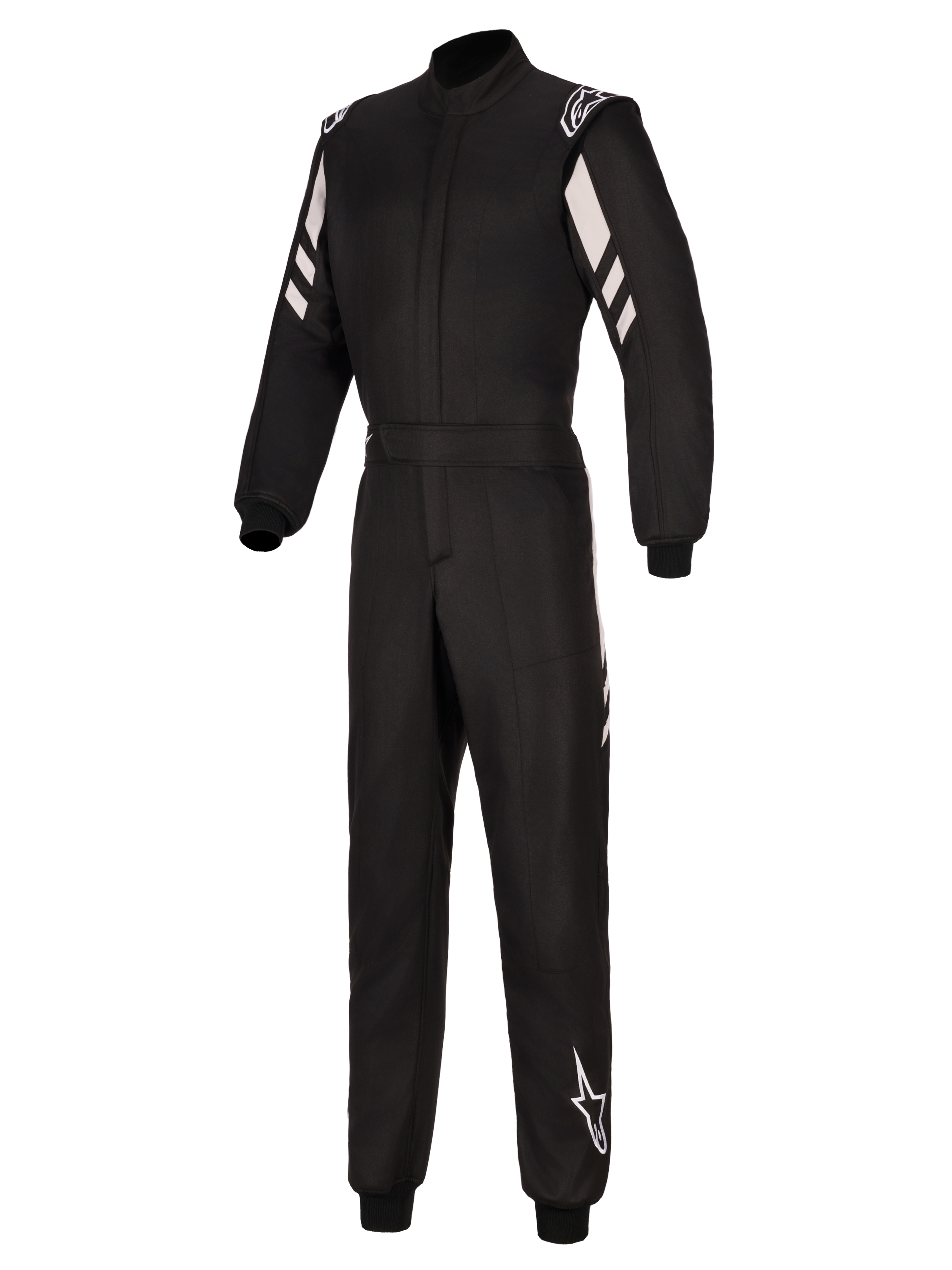 Alpinestars GP Race V3 Anzug FIA, Auto-Rennanzug, Schwarz und Silber, mit zweilagiger Konstruktion, weißen diagonalen Streifen an den Armen, Alpinestars-Logos an den Schultern und am Unterschenkel, gerippten Bündchen und Gürteltaillierung