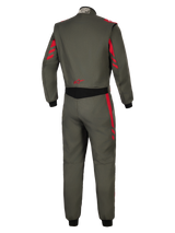 Alpinestars GP Race V3 Suit FIA, Auto Racing Suit, Anthracite Red, back view featuring dark grey textile with red stripe accents on shoulders and sleeves, black stretch panel at the waist, red star logo on the lower back, professional motorsport protection