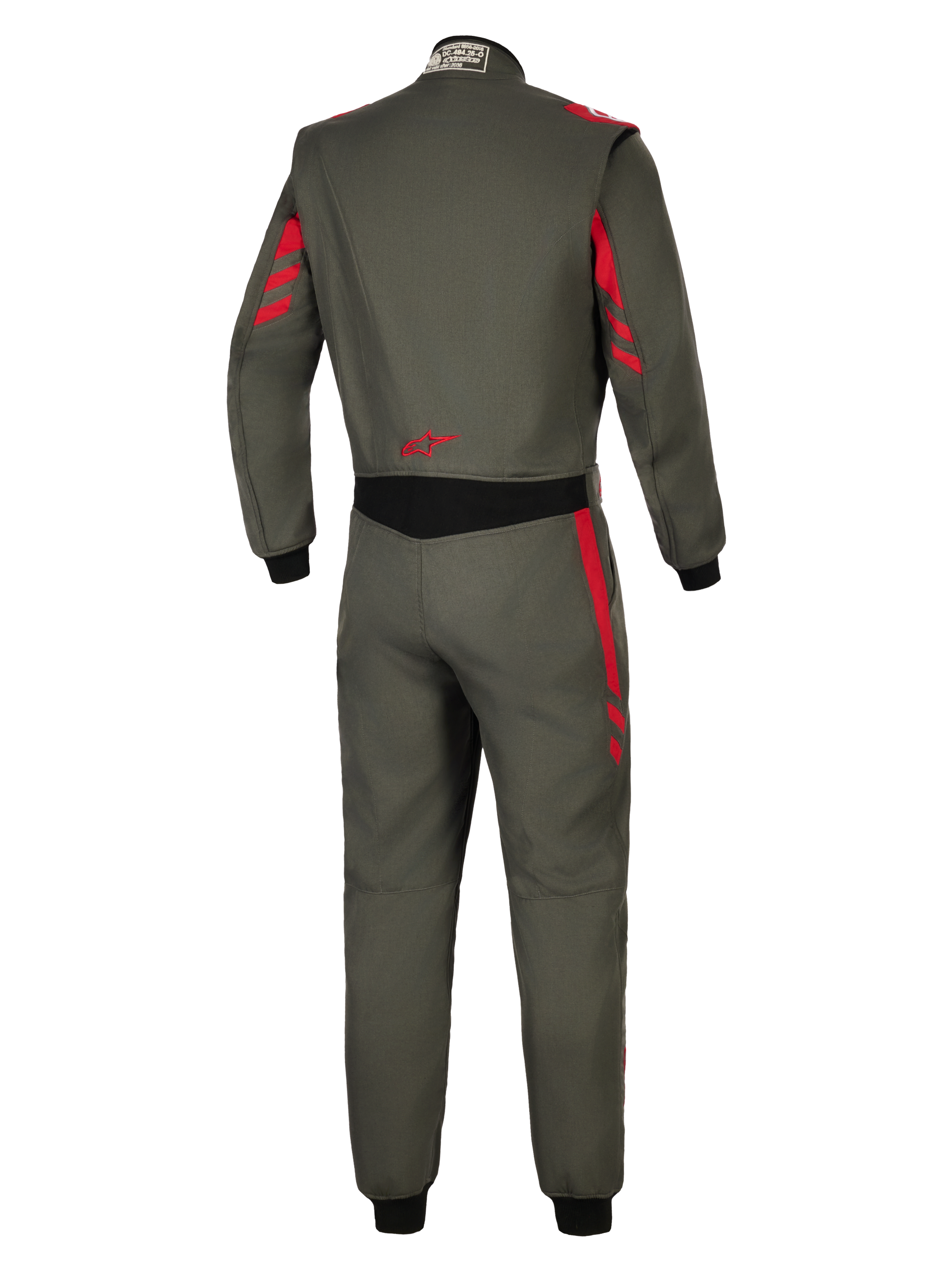 Alpinestars GP Race V3 Suit FIA, Auto Racing Suit, Anthracite Red, back view featuring dark grey textile with red stripe accents on shoulders and sleeves, black stretch panel at the waist, red star logo on the lower back, professional motorsport protection
