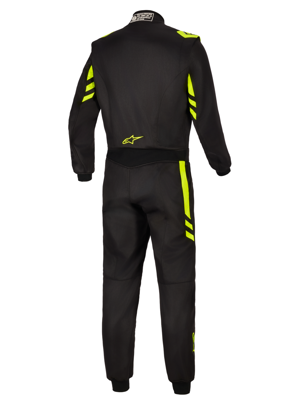 Alpinestars GP Race V3 Anzug FIA, Rennanzug, Schwarz und Neongelb, Rückansicht mit neongelben Akzenten an den Schultern und Beinen, kleines gelbes Logo am unteren Rücken und FIA-Zertifizierungsetikett am Kragen.