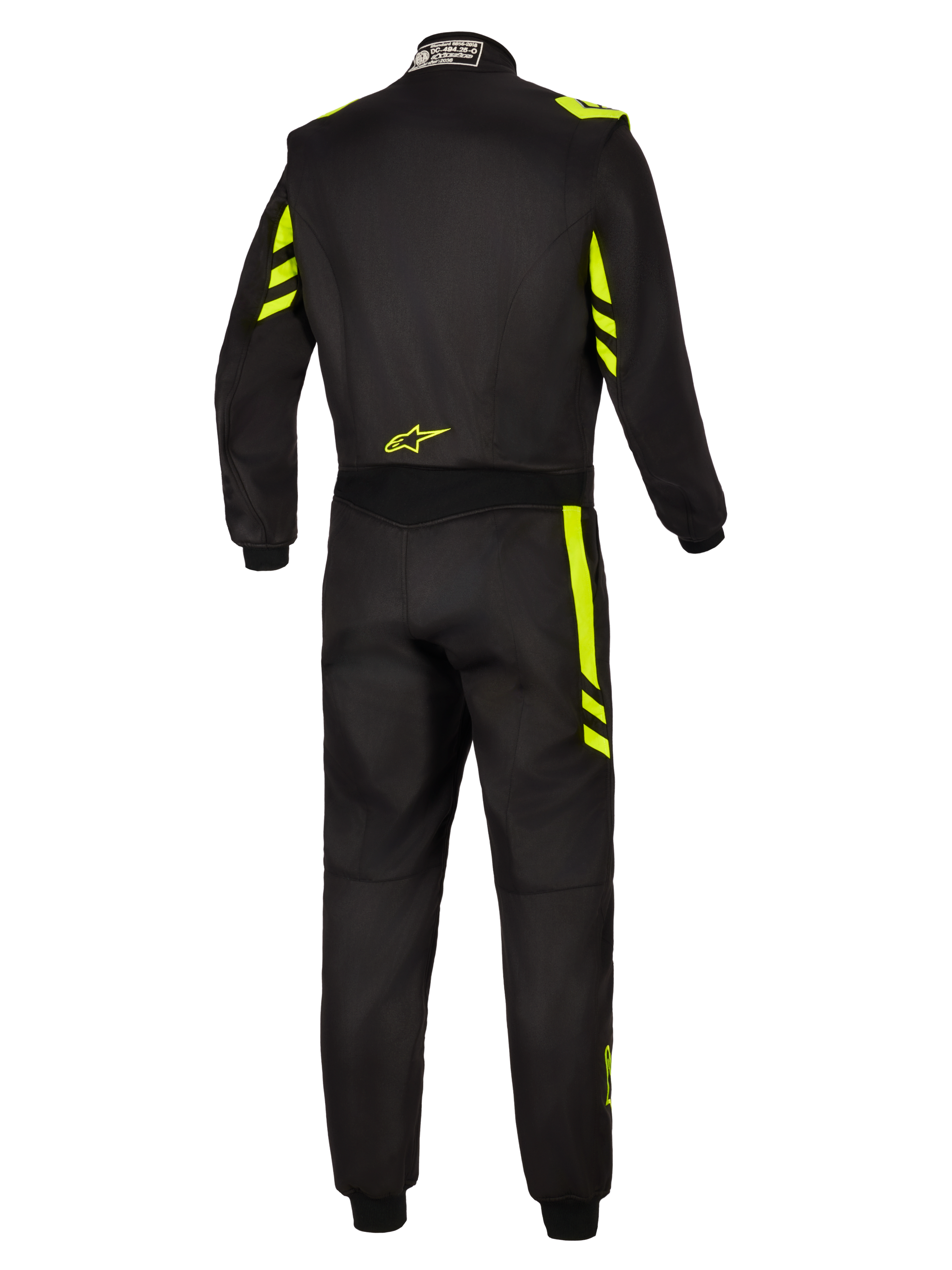 Alpinestars GP Race V3 Suit FIA, Auto Racing Suit, Black and Yellow Fluo, back view showing fluorescent yellow accents on the shoulders and legs, small yellow logo on the lower back, and FIA certification tag on the collar.