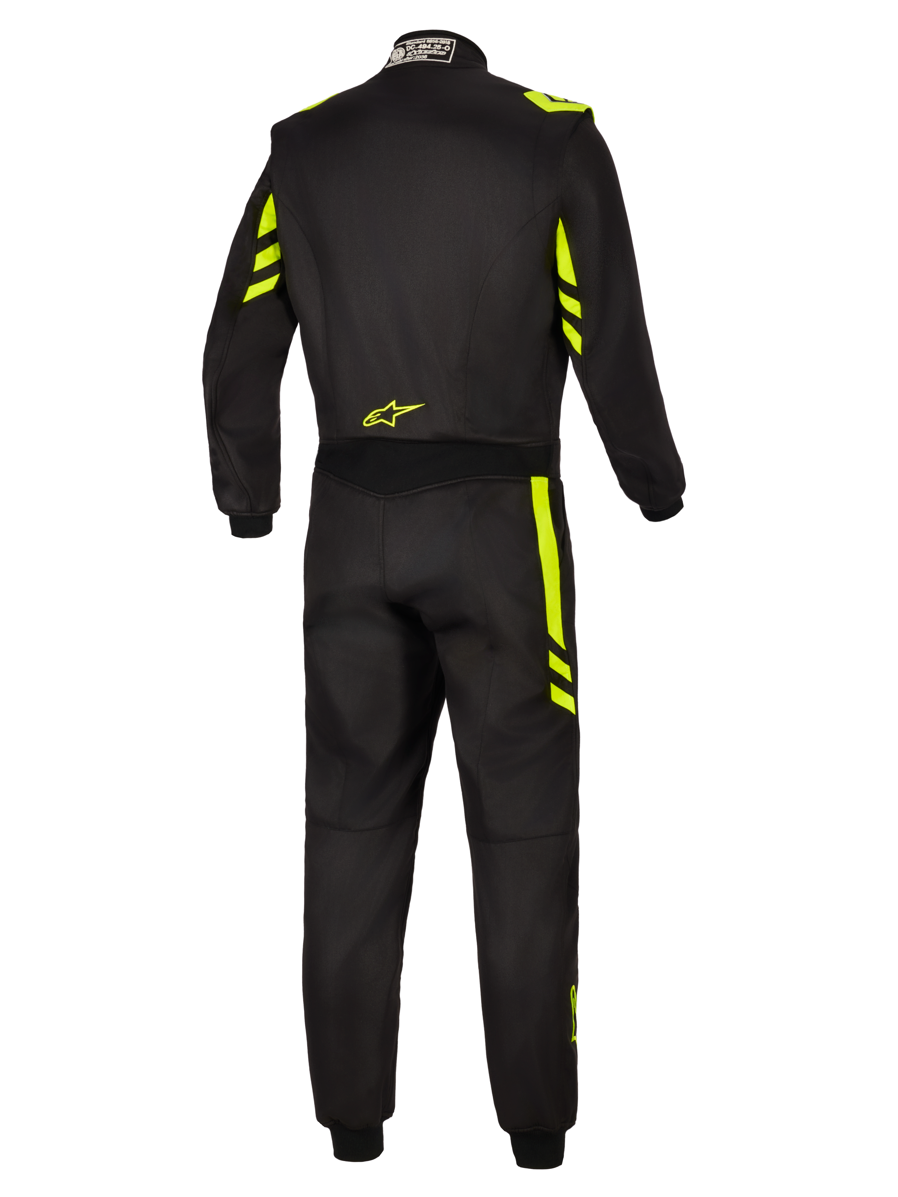 Alpinestars GP Race V3 Anzug FIA, Rennanzug, Schwarz und Neongelb, Rückansicht mit neongelben Akzenten an den Schultern und Beinen, kleines gelbes Logo am unteren Rücken und FIA-Zertifizierungsetikett am Kragen.