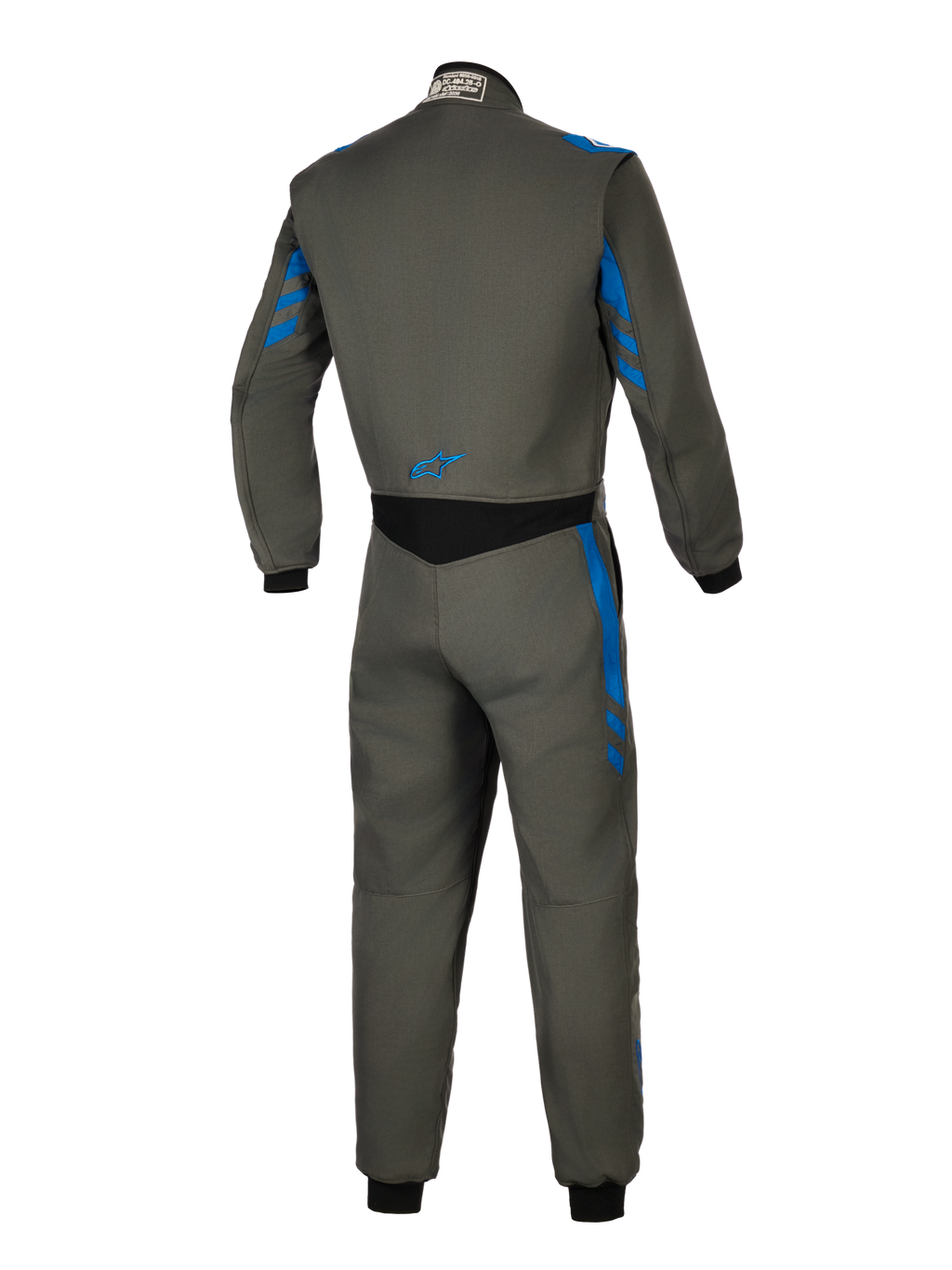 Alpinestars GP Race V3 Suit FIA, Auto-Rennanzug, Anthrazit-Blau, Rückansicht mit grauer Textilkonstruktion und blauen Streifen-Akzenten, schwarzer Stretch-Einsatz am unteren Rücken, kleines blaues Logo, professionelle Motorsport-Sicherheitsausrüstung
