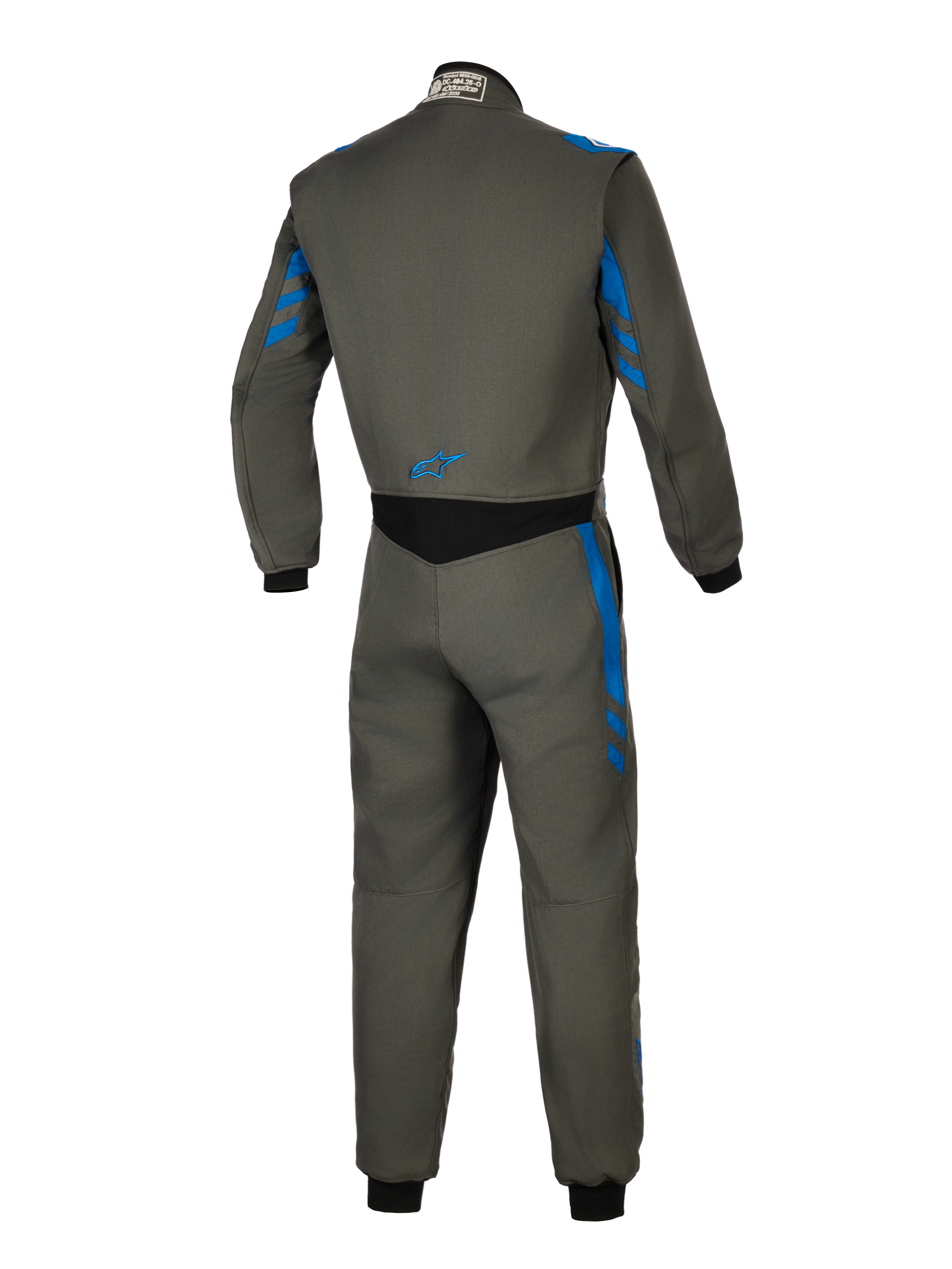 Alpinestars GP Race V3 Suit FIA, Auto-Rennanzug, Anthrazit-Blau, Rückansicht mit grauer Textilkonstruktion und blauen Streifen-Akzenten, schwarzer Stretch-Einsatz am unteren Rücken, kleines blaues Logo, professionelle Motorsport-Sicherheitsausrüstung