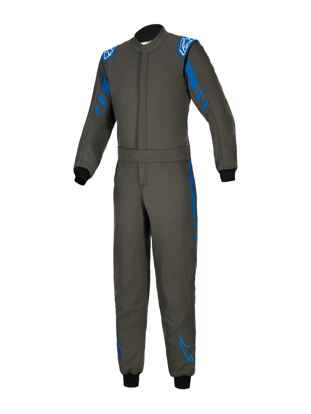 Alpinestars GP Race V3 Anzug FIA, Autorennsport-Anzug in Anthrazit-Blau, einteiliges Textildesign mit blauen Akzenten an Schultern und Beinen, weiße Alpinestars-Logos, schwarze Rippbündchen, verstellbarer Taillengürtel, professionelle Motorsport-Schutzausrüstung