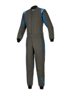 Alpinestars GP Race V3 Anzug FIA, Autorennsport-Anzug in Anthrazit-Blau, einteiliges Textildesign mit blauen Akzenten an Schultern und Beinen, weiße Alpinestars-Logos, schwarze Rippbündchen, verstellbarer Taillengürtel, professionelle Motorsport-Schutzausrüstung