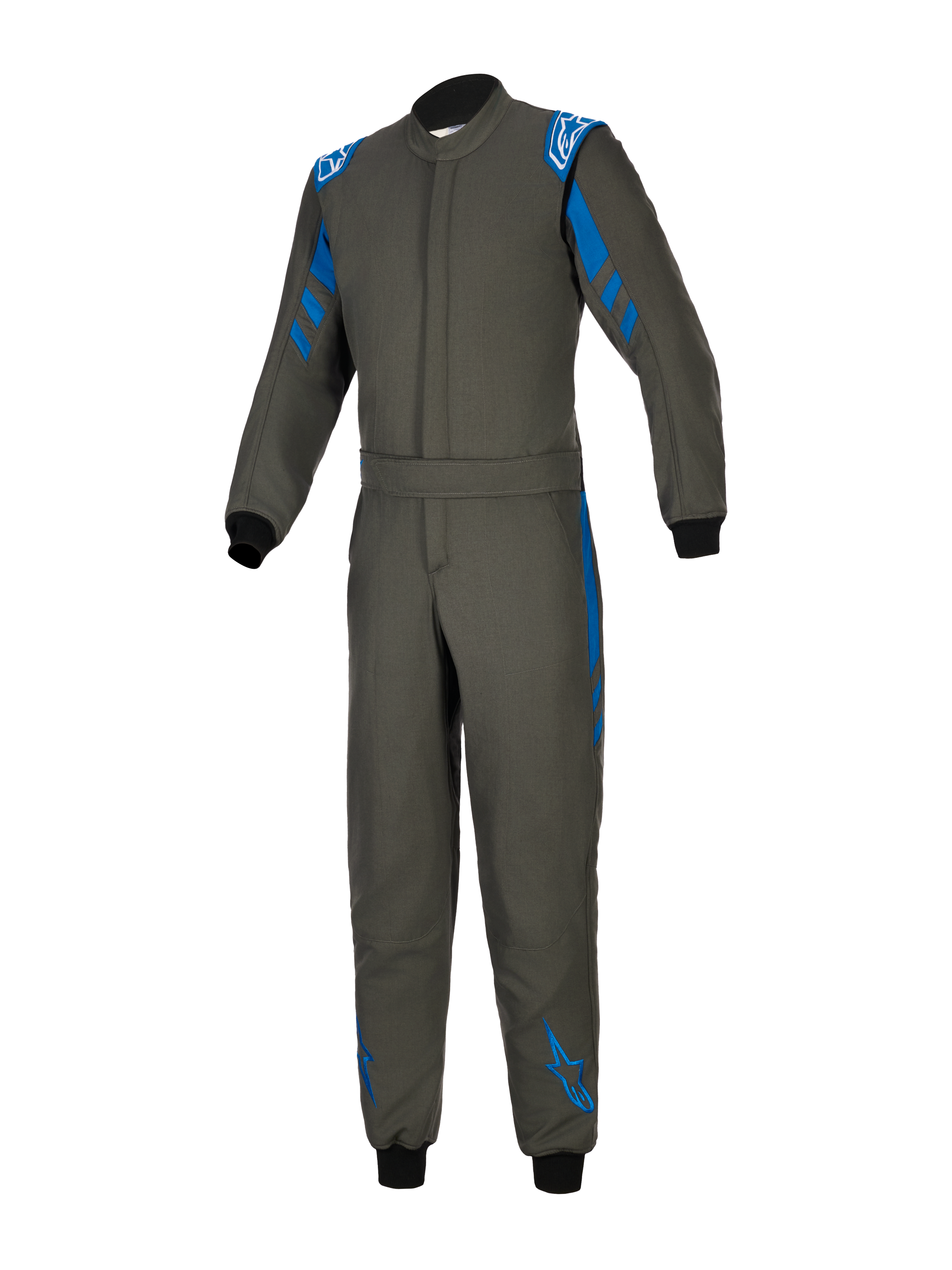 Alpinestars GP Race V3 Anzug FIA, Autorennsport-Anzug in Anthrazit-Blau, einteiliges Textildesign mit blauen Akzenten an Schultern und Beinen, weiße Alpinestars-Logos, schwarze Rippbündchen, verstellbarer Taillengürtel, professionelle Motorsport-Schutzausrüstung