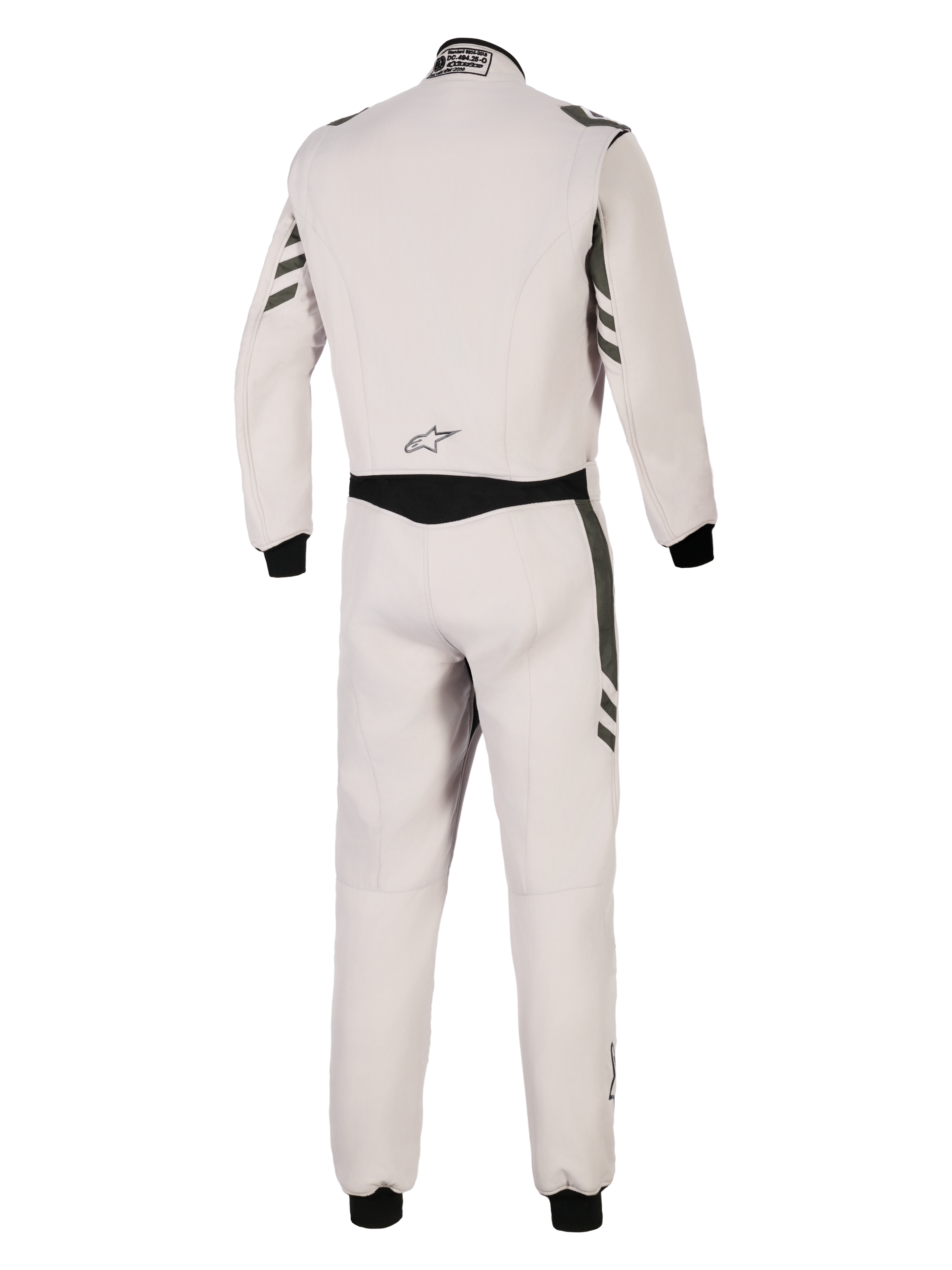 Alpinestars GP Race V3 Anzug FIA, Rückansicht eines silber-anthrazitfarbenen einteiligen Auto-Rennanzugs, hellgrauer Hauptteil mit dunkelanthrazitfarbenen Akzenten an Ärmeln und Beinen, schwarze Rippbündchen, professionelle Motorsport-Schutzausrüstung