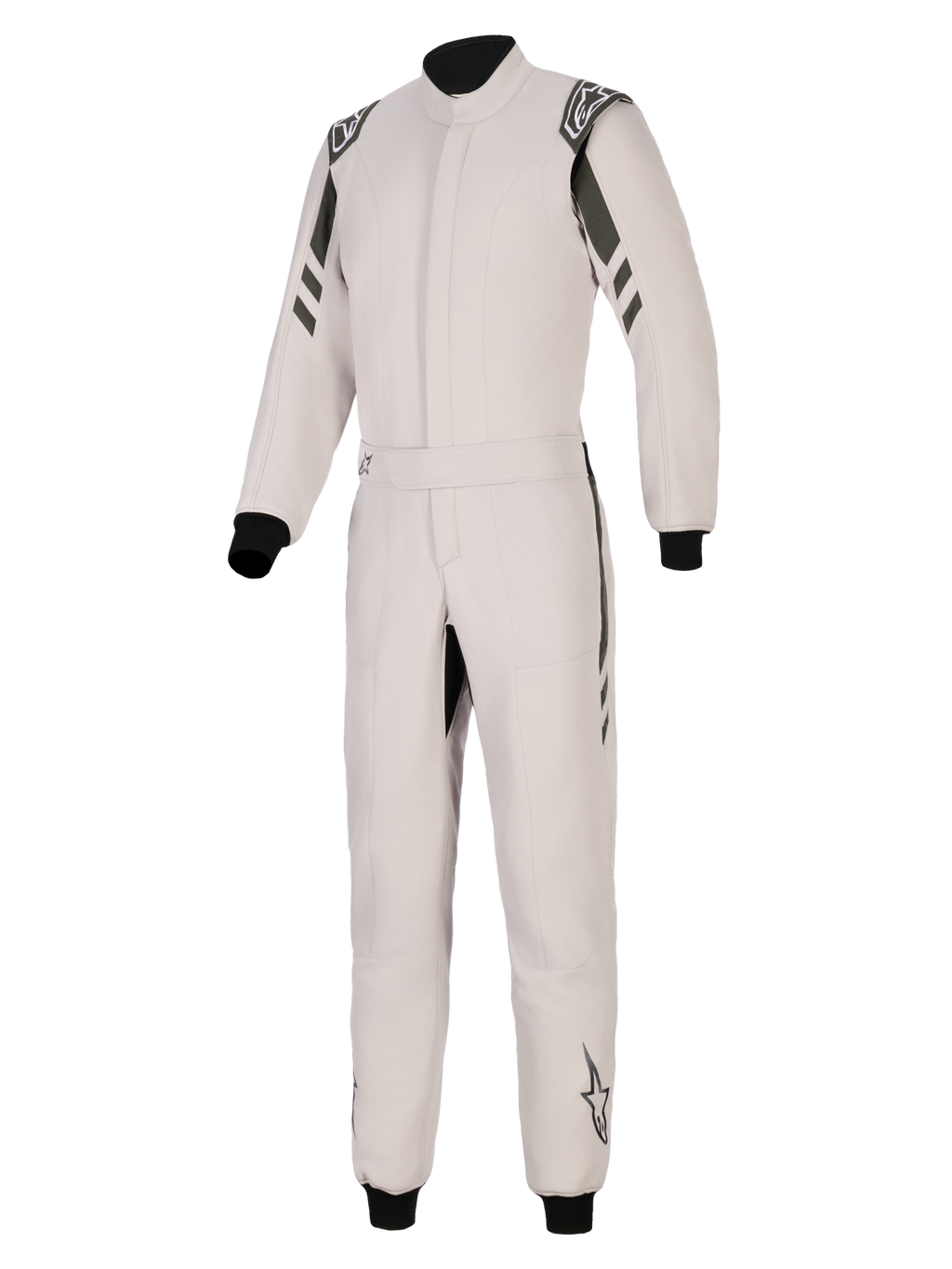 Alpinestars GP Race V3 Anzug FIA, Auto-Rennanzug, Silber Anthrazit, einteiliges Design mit dunkelanthrazitfarbenen Akzenten an Schultern und Beinen, verfügt über einen Gürtelbund, schwarze Rippbündchen an Handgelenken und Knöcheln sowie Alpinestars-Branding auf den Schulterklappen und Unterschenkeln