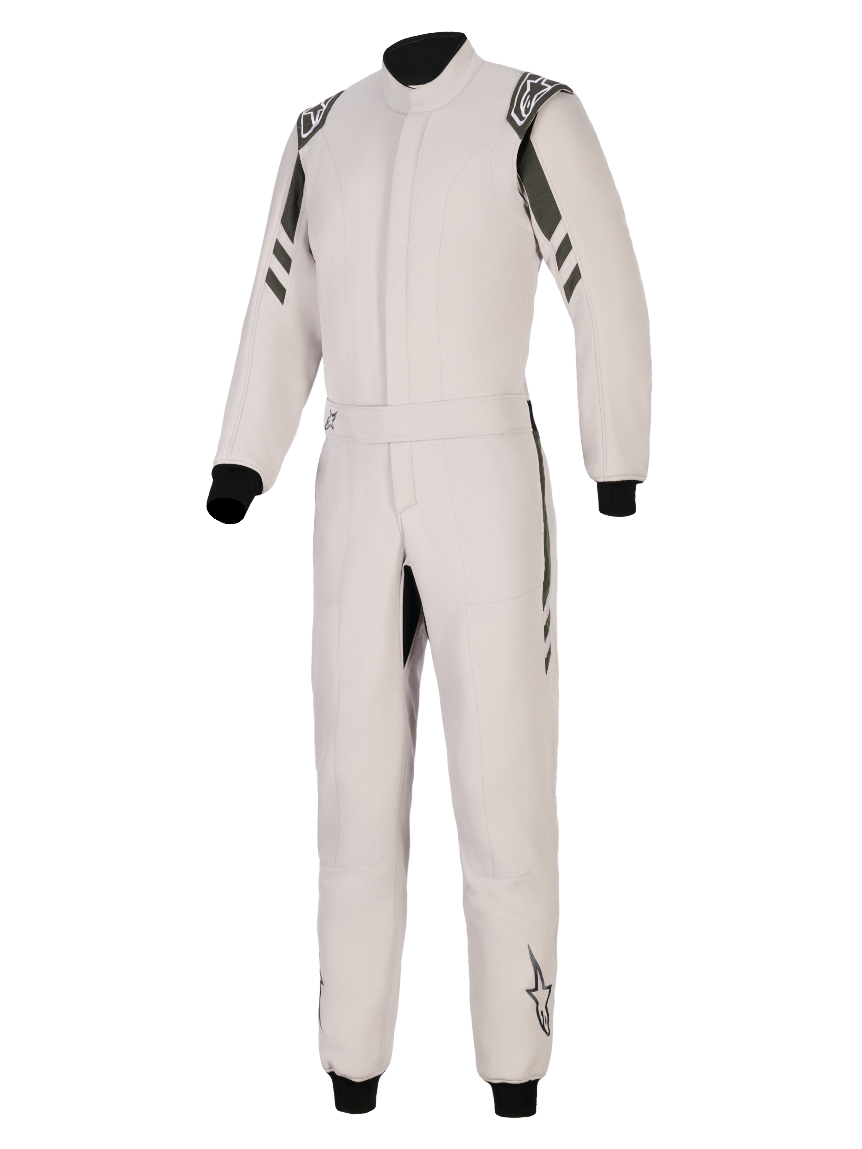 Alpinestars GP Race V3 Anzug FIA, Auto-Rennanzug, Silber Anthrazit, einteiliges Design mit dunkelanthrazitfarbenen Akzenten an Schultern und Beinen, verfügt über einen Gürtelbund, schwarze Rippbündchen an Handgelenken und Knöcheln sowie Alpinestars-Branding auf den Schulterklappen und Unterschenkeln