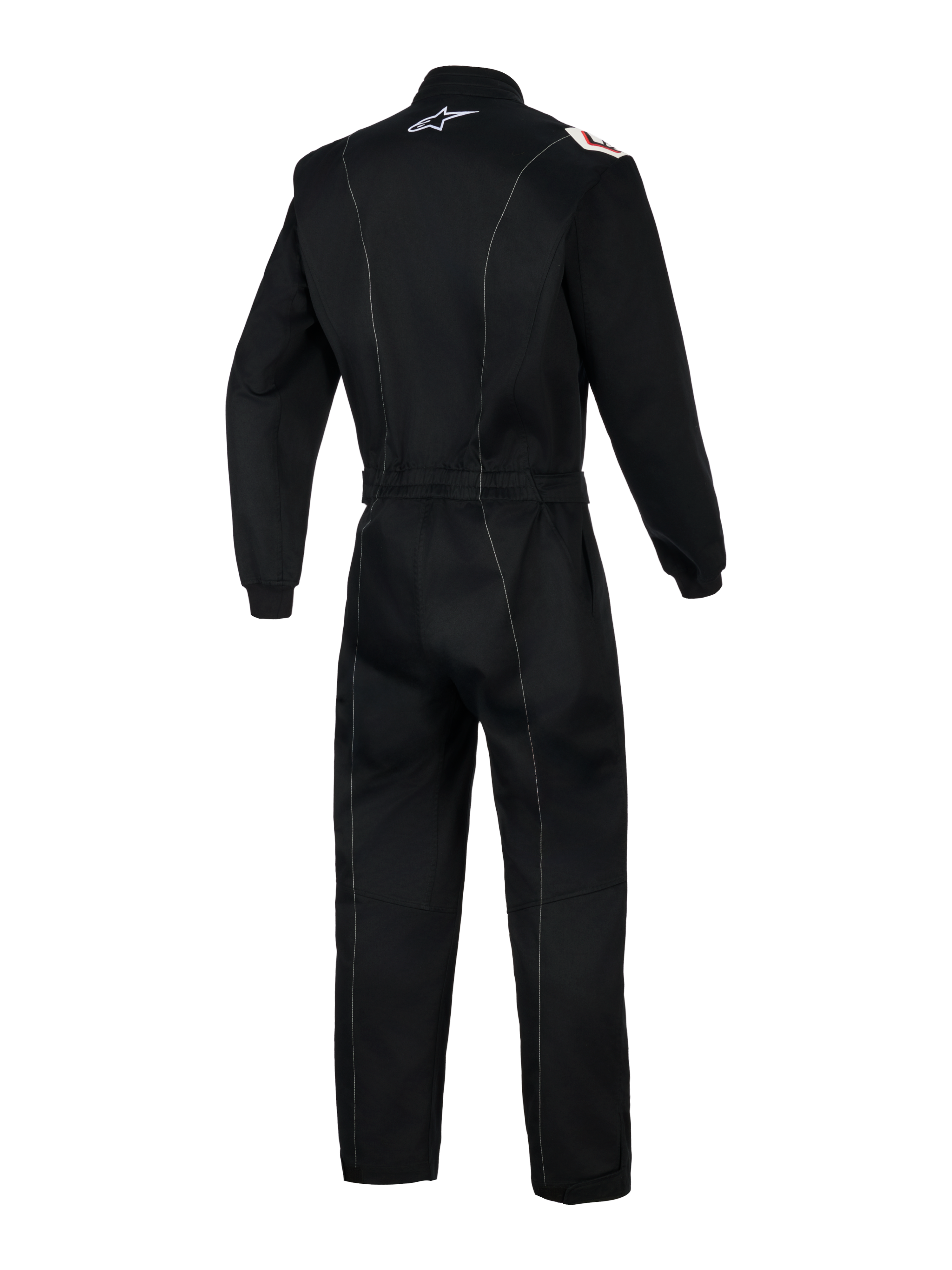 Alpinestars Kart Indoor V2 Suit, One-piece Karting Suit, Black, rear view showing white contrast stitching, elastic waist belt, and white Alpinestars logo on the collar, ergonomic design for indoor karting sessions