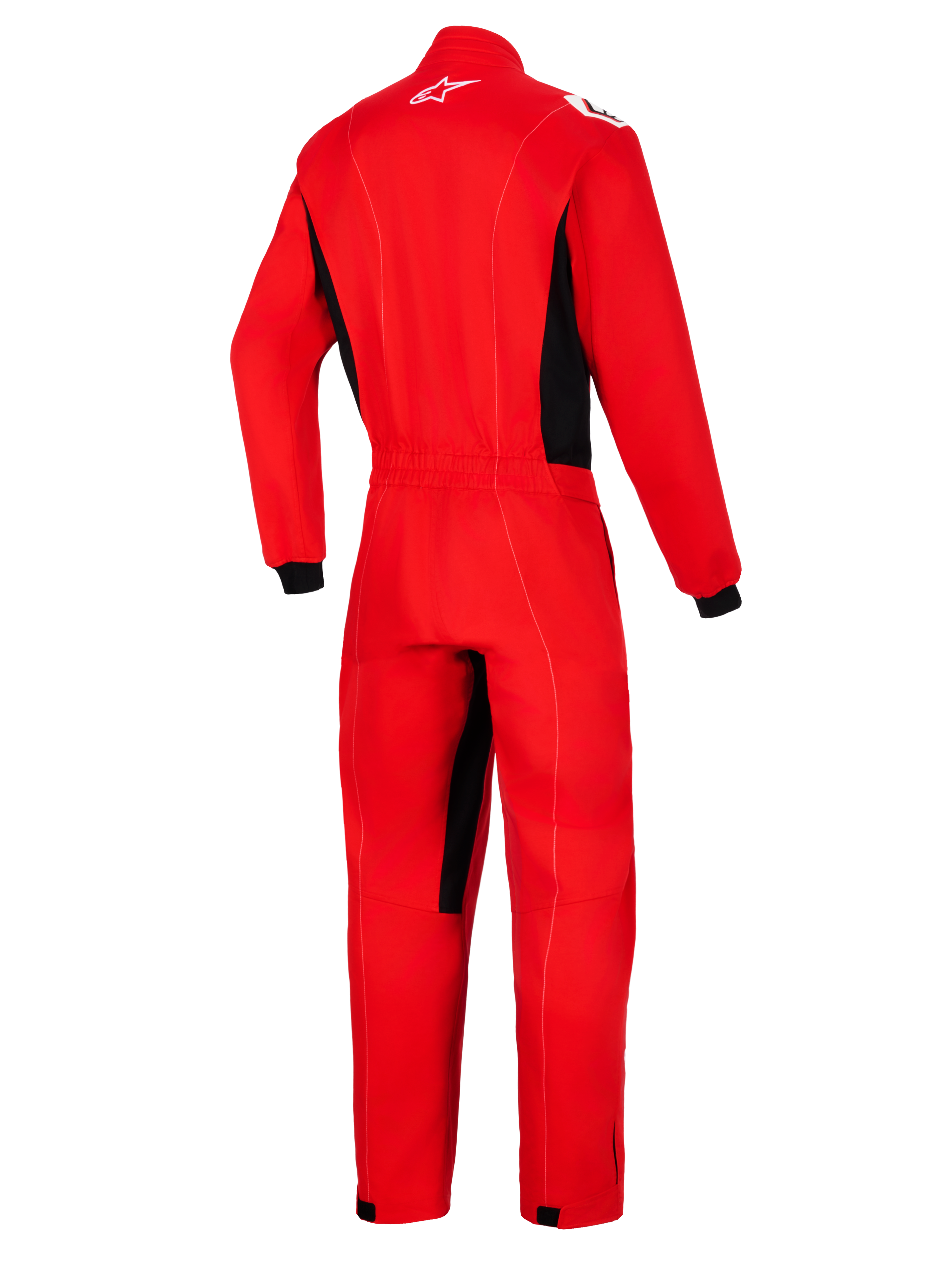 Alpinestars Kart Indoor V2 Anzug, Rot, Rückansicht eines einteiligen Kart-Rennanzugs mit schwarzen Seitenbahnen und Innenbein-Akzenten, weißes Astars-Logo im Nacken, elastischer Taillenbund.