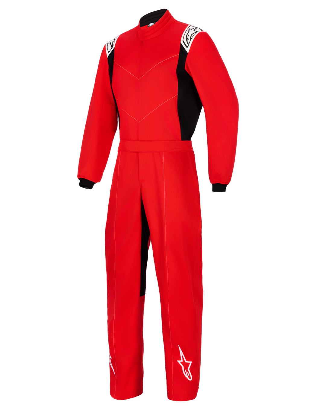 Alpinestars Kart Indoor V2 Anzug, roter einteiliger Kart-Anzug mit schwarzen Seitenteilen, weiße Logos an Schultern und Unterschenkel, hoher Kragen und elastischer Taillengürtel, konzipiert für Freizeit-Kartrennen