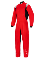 Alpinestars Kart Indoor V2 Anzug, roter einteiliger Kart-Anzug mit schwarzen Seitenteilen, weiße Logos an Schultern und Unterschenkel, hoher Kragen und elastischer Taillengürtel, konzipiert für Freizeit-Kartrennen