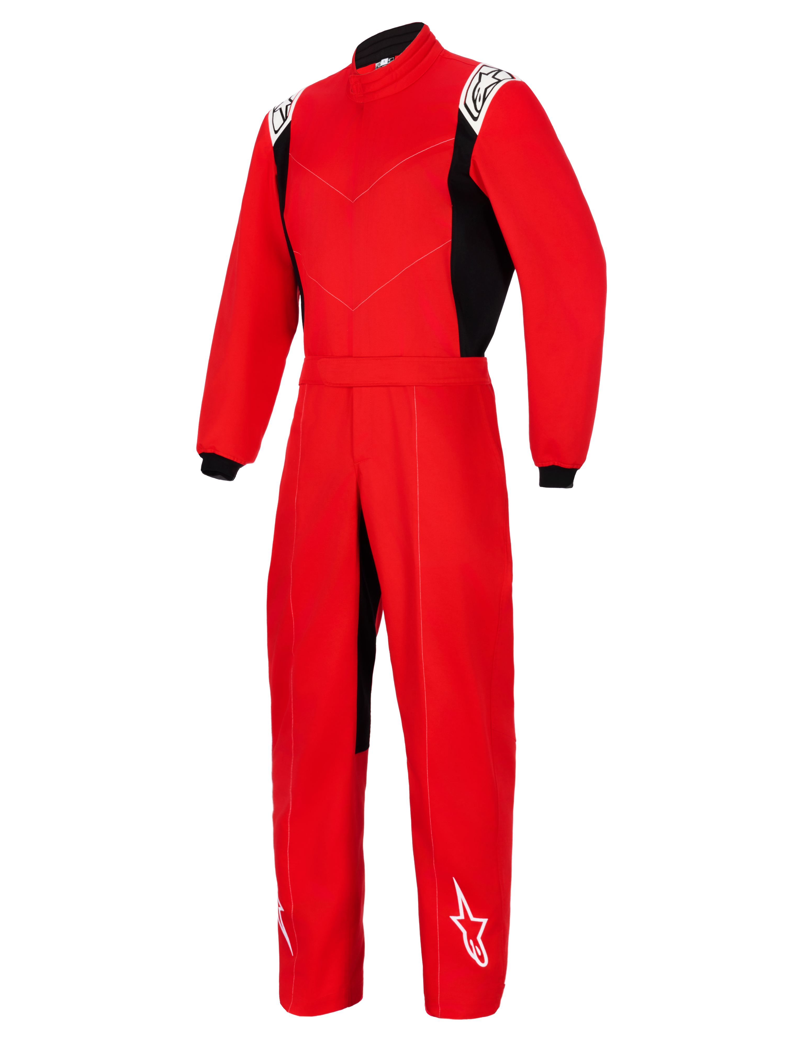 Alpinestars Kart Indoor V2 Anzug, roter einteiliger Kart-Anzug mit schwarzen Seitenteilen, weiße Logos an Schultern und Unterschenkel, hoher Kragen und elastischer Taillengürtel, konzipiert für Freizeit-Kartrennen