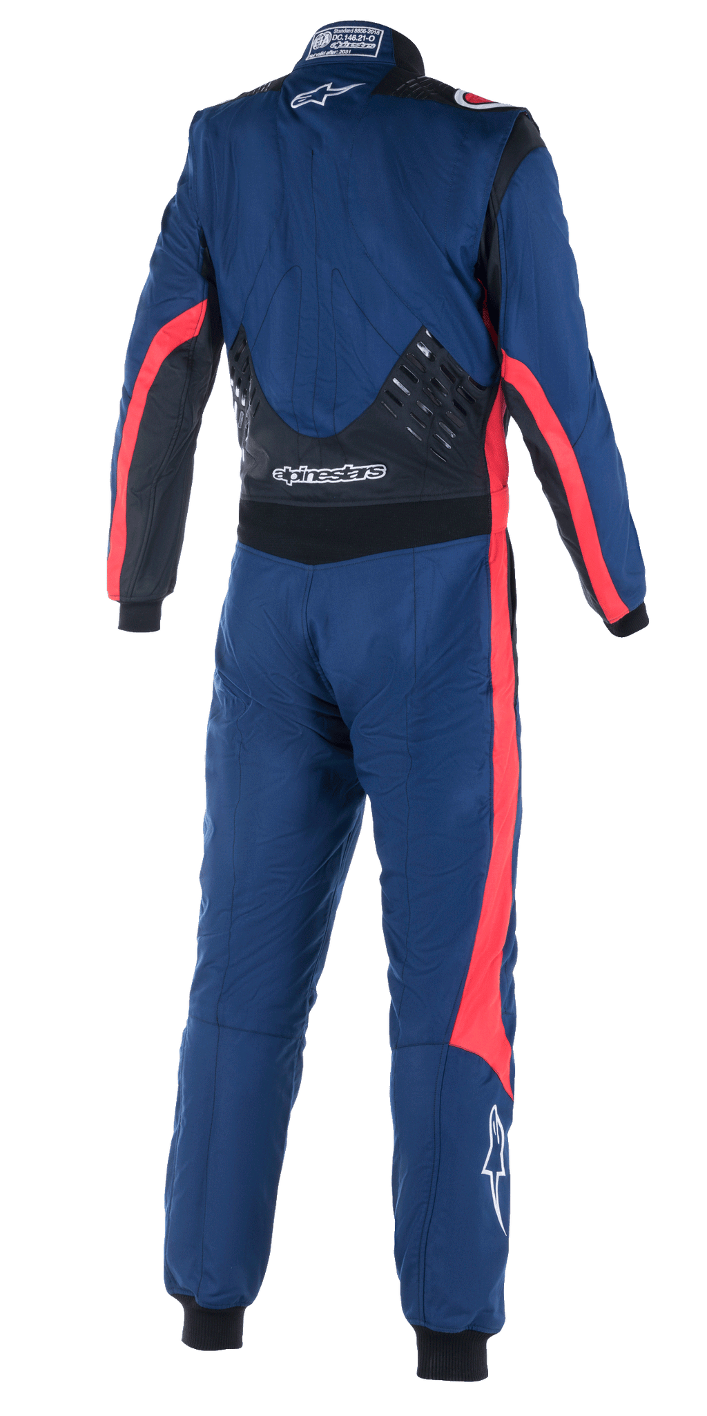Alpinestars GP Pro Comp V2 FIA Anzug, Rückansicht eines einteiligen Auto-Rennanzugs, Marineblau mit schwarzen und roten Akzenten, Silikon-Grip-Panels am unteren Rücken, rote Rennstreifen an Ärmeln und Beinen, weißes Alpinestars-Branding, professionelle Performance-Ausrüstung