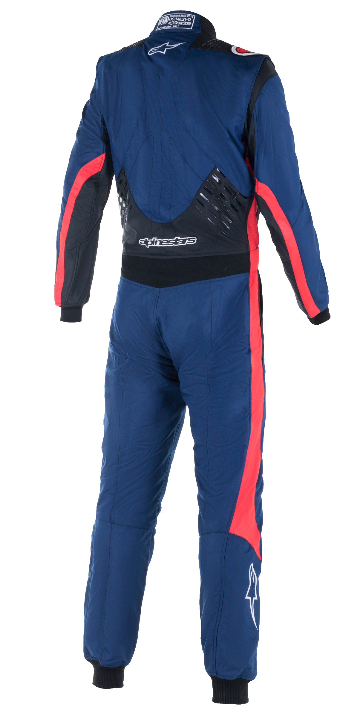 Alpinestars GP Pro Comp V2 FIA Anzug, Rückansicht eines einteiligen Auto-Rennanzugs, Marineblau mit schwarzen und roten Akzenten, Silikon-Grip-Panels am unteren Rücken, rote Rennstreifen an Ärmeln und Beinen, weißes Alpinestars-Branding, professionelle Performance-Ausrüstung