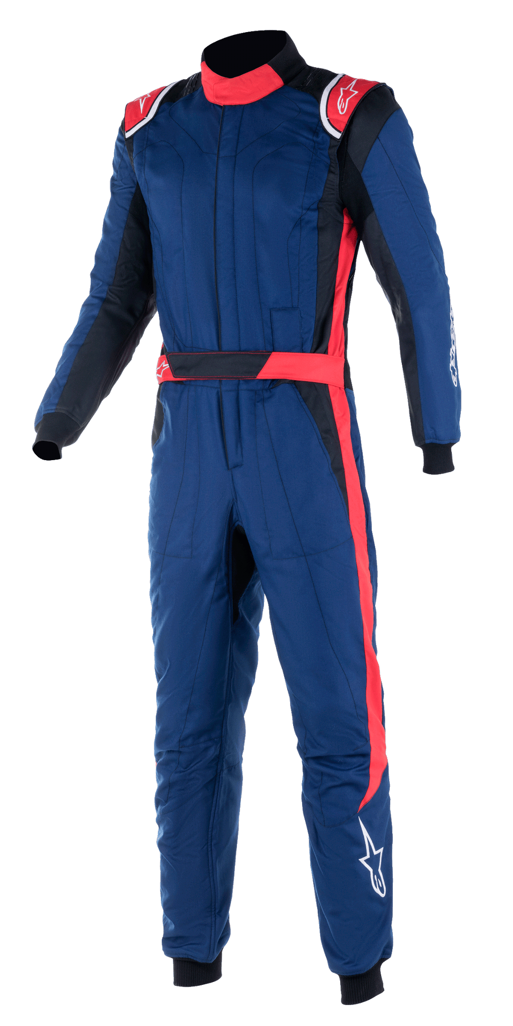Alpinestars GP Pro Comp V2 FIA Rennanzug, professioneller einteiliger Auto-Rennanzug, Navyblau mit roten und schwarzen Akzenten, rote Schulterklappen, hoher Kragen und roter Streifen am Bein, Motorsport-Schutzausrüstung