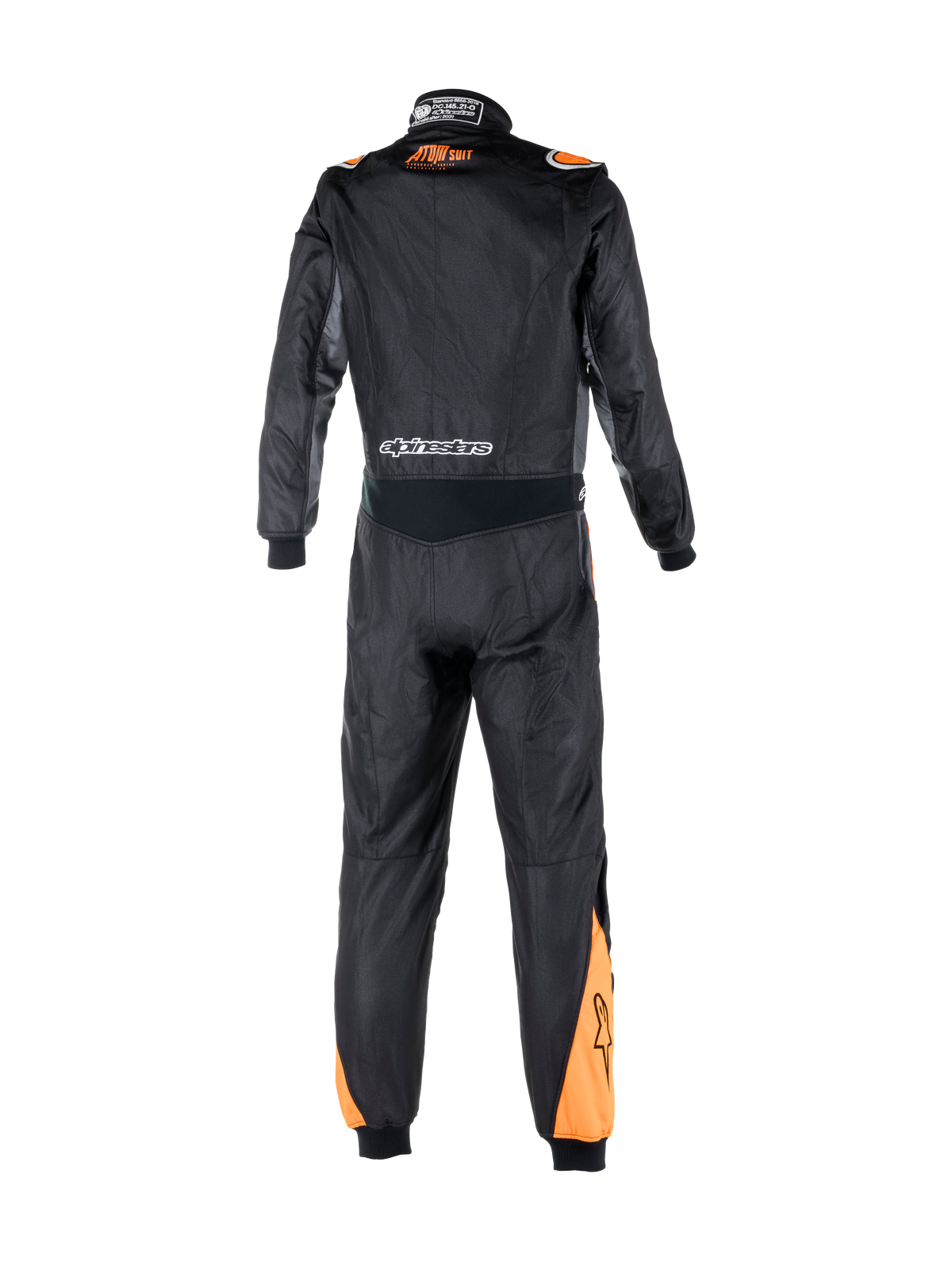 Alpinestars Atom Graphic Suit, FIA-certified one-piece auto racing suit, Black and Fluo Orange, rear view highlighting stretch waist panel, brand logos, and flame-resistant aramidic construction.