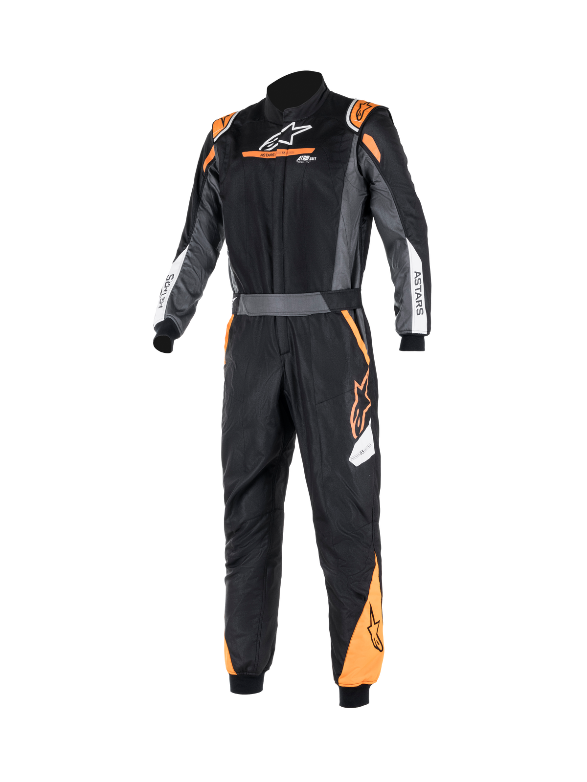 Alpinestars Atom Graphic Suit, One-Piece FIA Auto Racing Suit in Black Anthracite and Fluo Orange, front view showing flame-resistant aramidic construction, belted waist, and ASTARS branding.