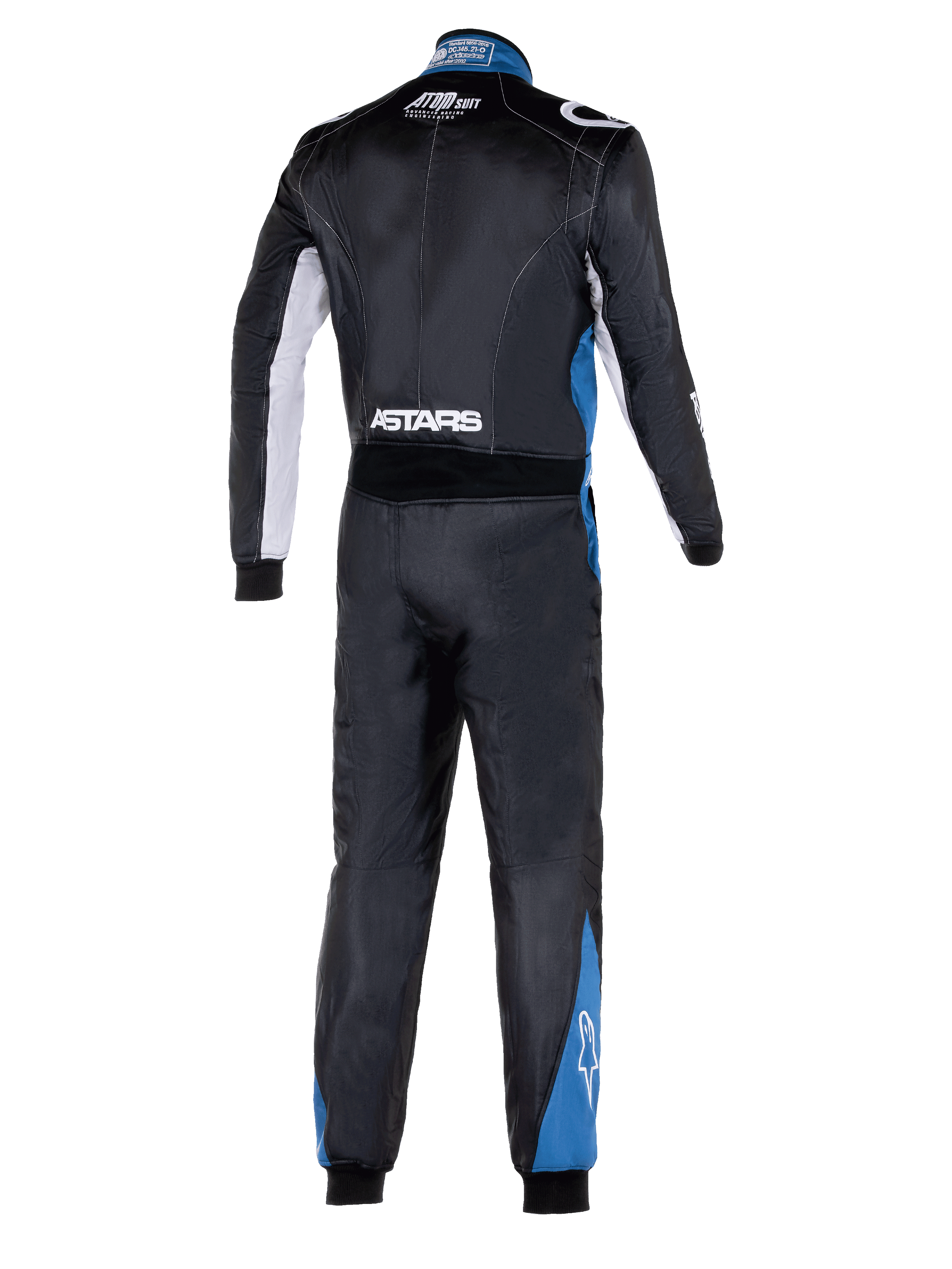 Alpinestars Atom Graphic 4 Anzug, Ganzkörper-Rückansicht eines Autorennanzugs, Schwarz mit silbernen und blauen Akzenten, weißes ASTARS-Branding an der Taille und blaue Einsätze an den Beinen, professionelle FIA-zertifizierte Motorsport-Schutzkleidung