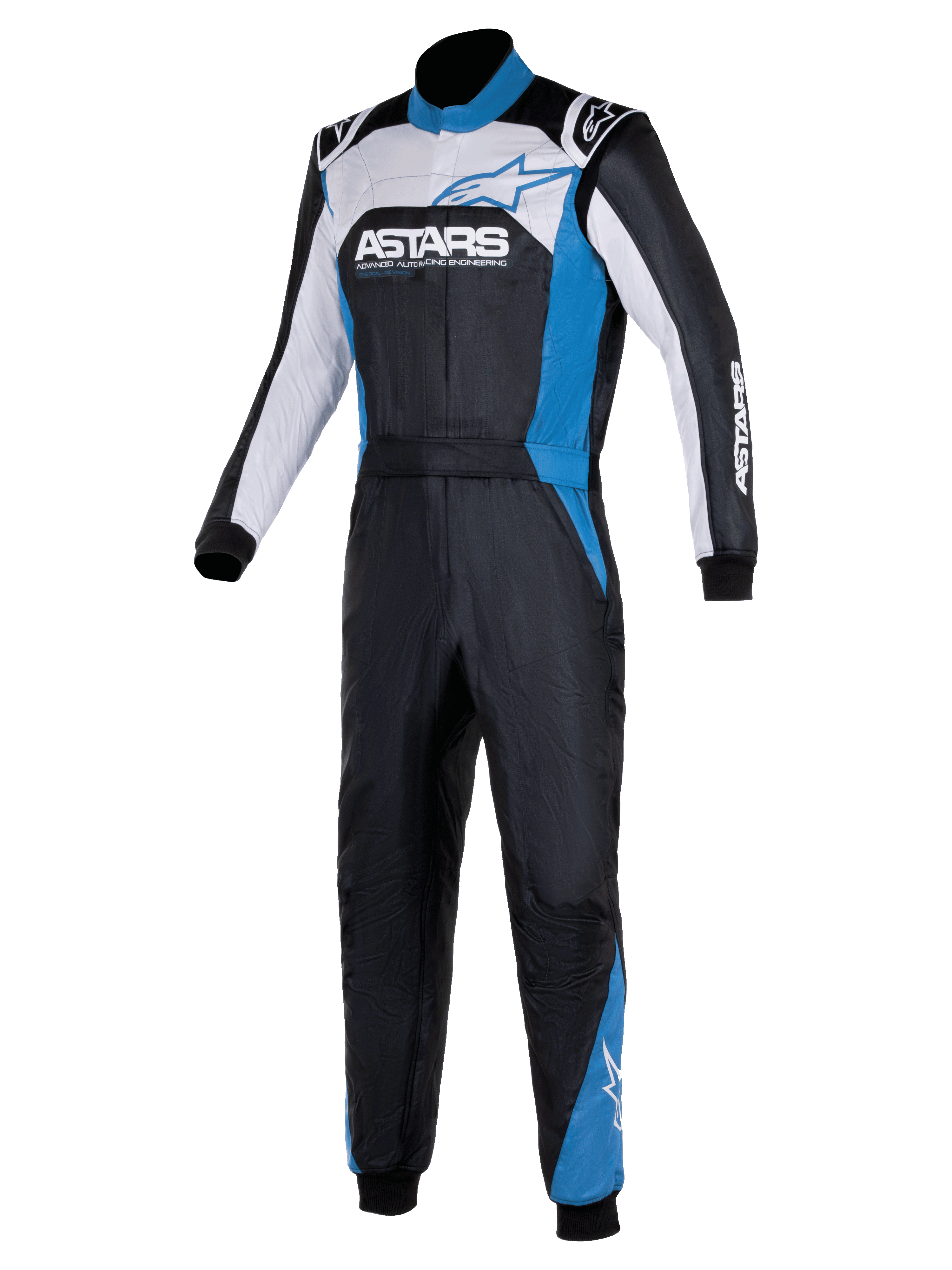 Alpinestars Atom Graphic 4 Anzug, einteiliger Autorennanzug, Schwarz, Silber und Blau, mit auffälligem ASTARS-Branding auf der Brust, weißen und blauen Einsätzen, hohem Kragen und gerippten Bündchen, professionelle Motorsport-Schutzkleidung