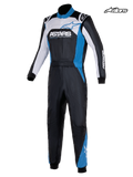 Alpinestars Atom Graphic 4 Suit - FIA, men's auto racing suit in black, silver, and blue, front view showing two-layer aramidic construction and FIA 8856-2018 certification