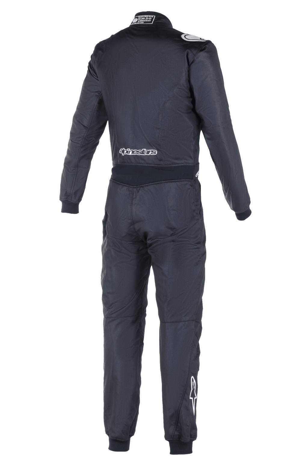 Alpinestars Atom FIA Anzug, Auto-Rennanzug, Rückansicht in Schwarz, mit weißem Alpinestars-Branding am unteren Rücken und an der rechten Wade, FIA-Homologationslabel am Kragen, schlanke einteilige Textilkonstruktion für professionelle Motorsport-Sicherheit