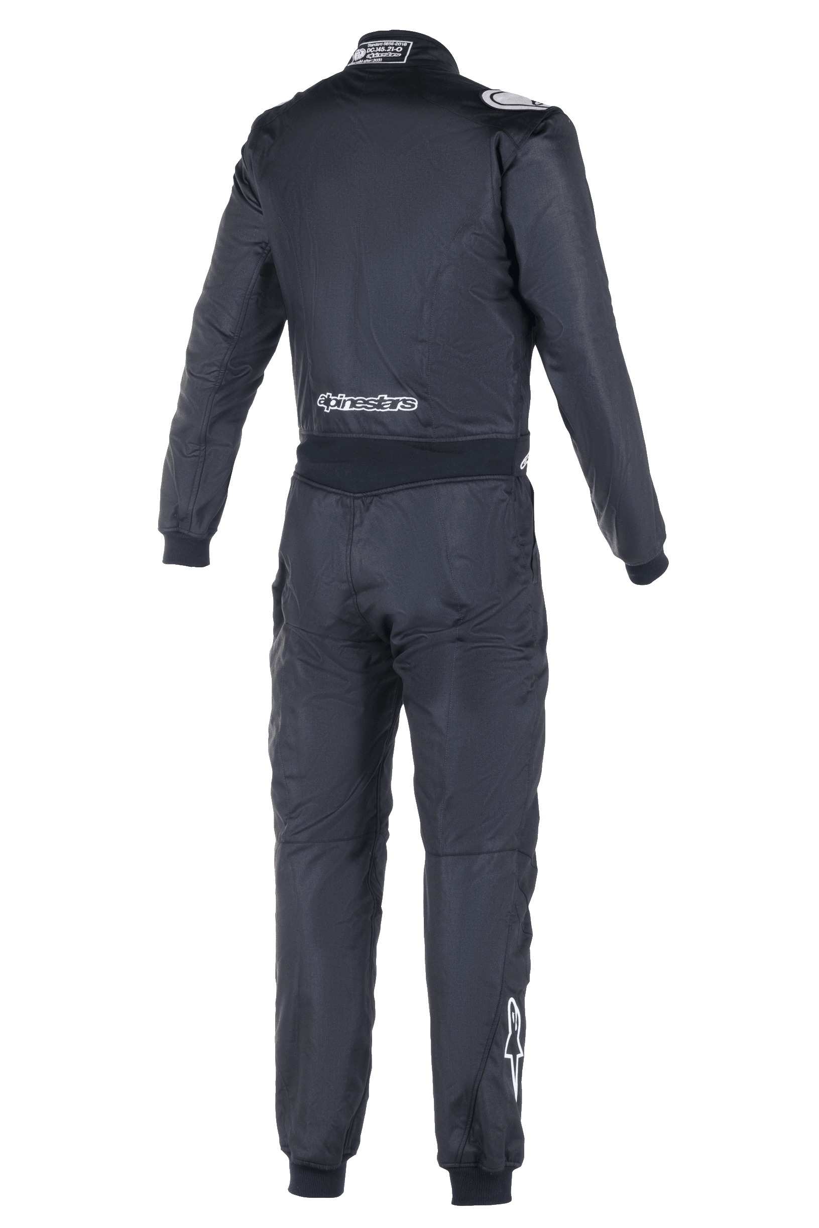 Alpinestars Atom FIA Anzug, Auto-Rennanzug, Rückansicht in Schwarz, mit weißem Alpinestars-Branding am unteren Rücken und an der rechten Wade, FIA-Homologationslabel am Kragen, schlanke einteilige Textilkonstruktion für professionelle Motorsport-Sicherheit