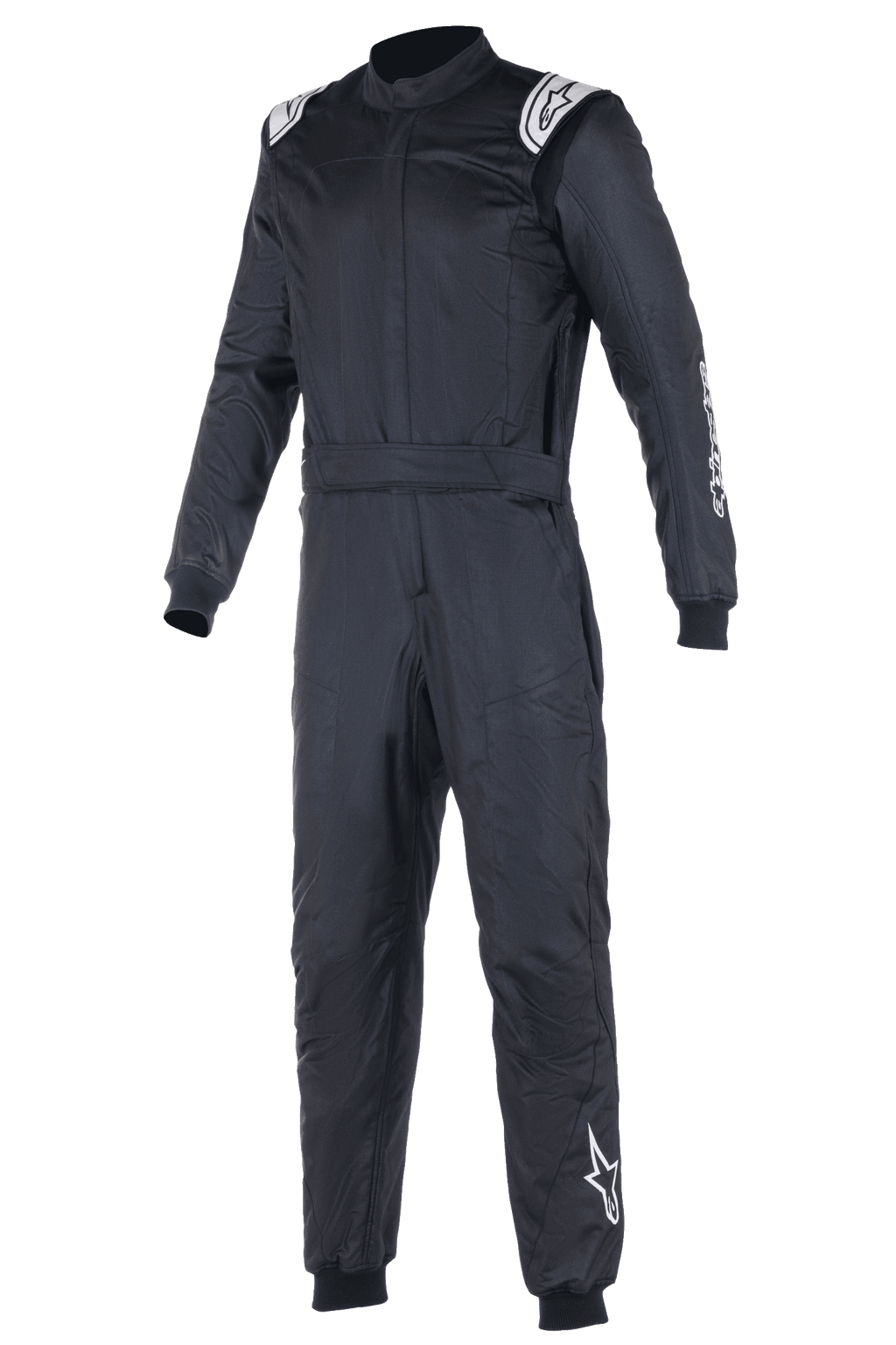 Alpinestars Atom FIA Anzug, schwarzer Autorennanzug, einteiliges Design mit weißen Alpinestars-Logos auf den Schultern und dem linken Bein, hoher Kragen mit gerippten Bündchen und Taillengürtel, professionelle Motorsport- und Rennbekleidung