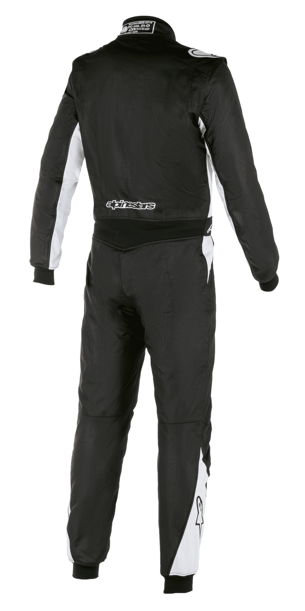 Alpinestars Atom FIA Anzug, Auto-Rennanzug, Schwarz und Silber, Rückansicht, mit weißen Akzenten an Ärmeln und Beinen, Alpinestars-Logo auf dem unteren Rücken, strapazierfähige Aramid-Konstruktion für den professionellen Motorsport