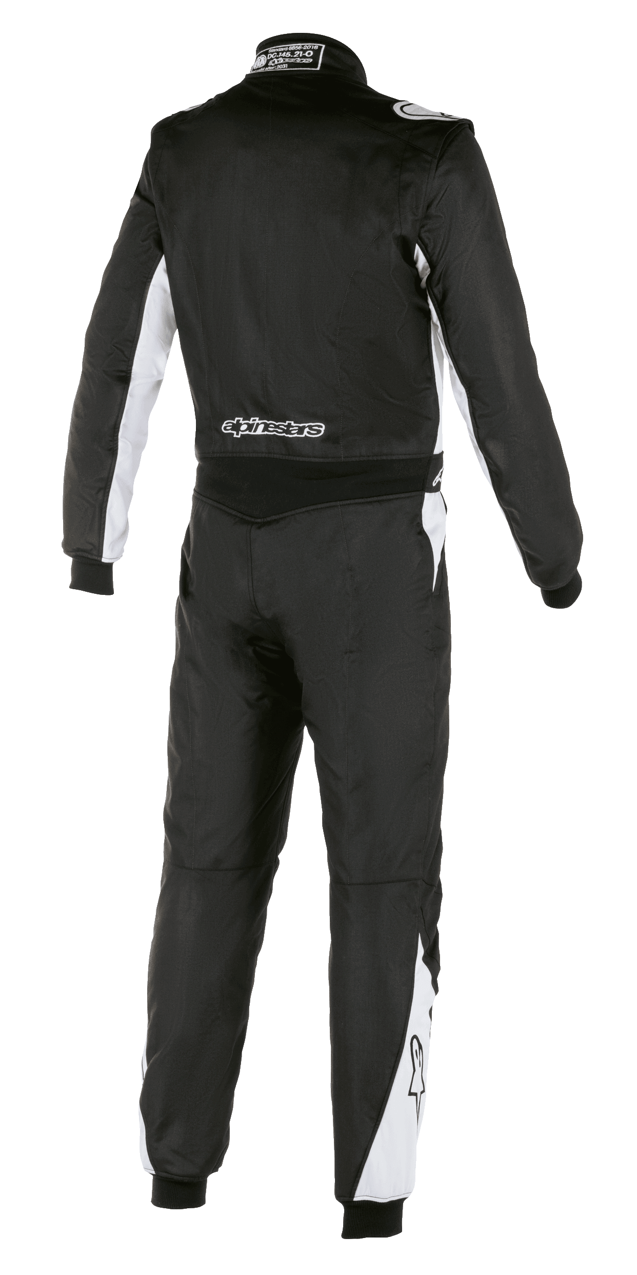 Alpinestars Atom FIA Anzug, Auto-Rennanzug, Schwarz und Silber, Rückansicht, mit weißen Akzenten an Ärmeln und Beinen, Alpinestars-Logo auf dem unteren Rücken, strapazierfähige Aramid-Konstruktion für den professionellen Motorsport