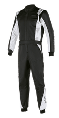 Alpinestars Atom FIA Suit, Rennanzug, Schwarz und Silber, mit weißen Einsätzen an Ärmeln und Beinen, Schulterklappen, Taillengürtel und gerippten Bündchen, professionelles FIA-zertifiziertes Motorsport-Design