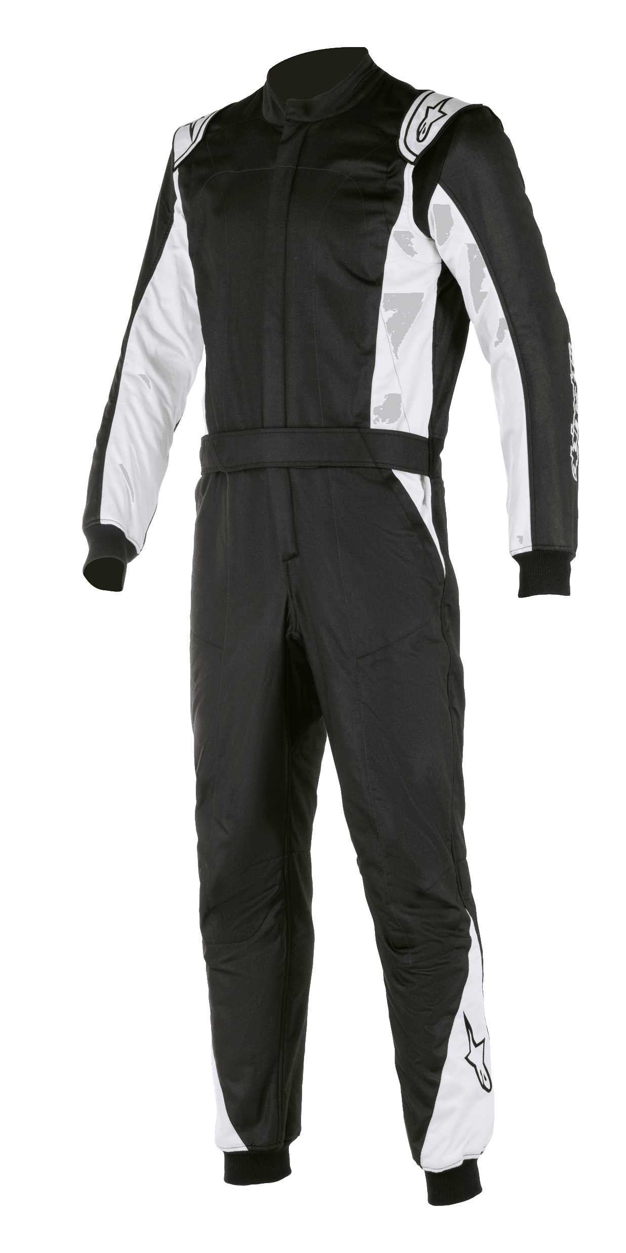 Alpinestars Atom FIA Suit, Rennanzug, Schwarz und Silber, mit weißen Einsätzen an Ärmeln und Beinen, Schulterklappen, Taillengürtel und gerippten Bündchen, professionelles FIA-zertifiziertes Motorsport-Design