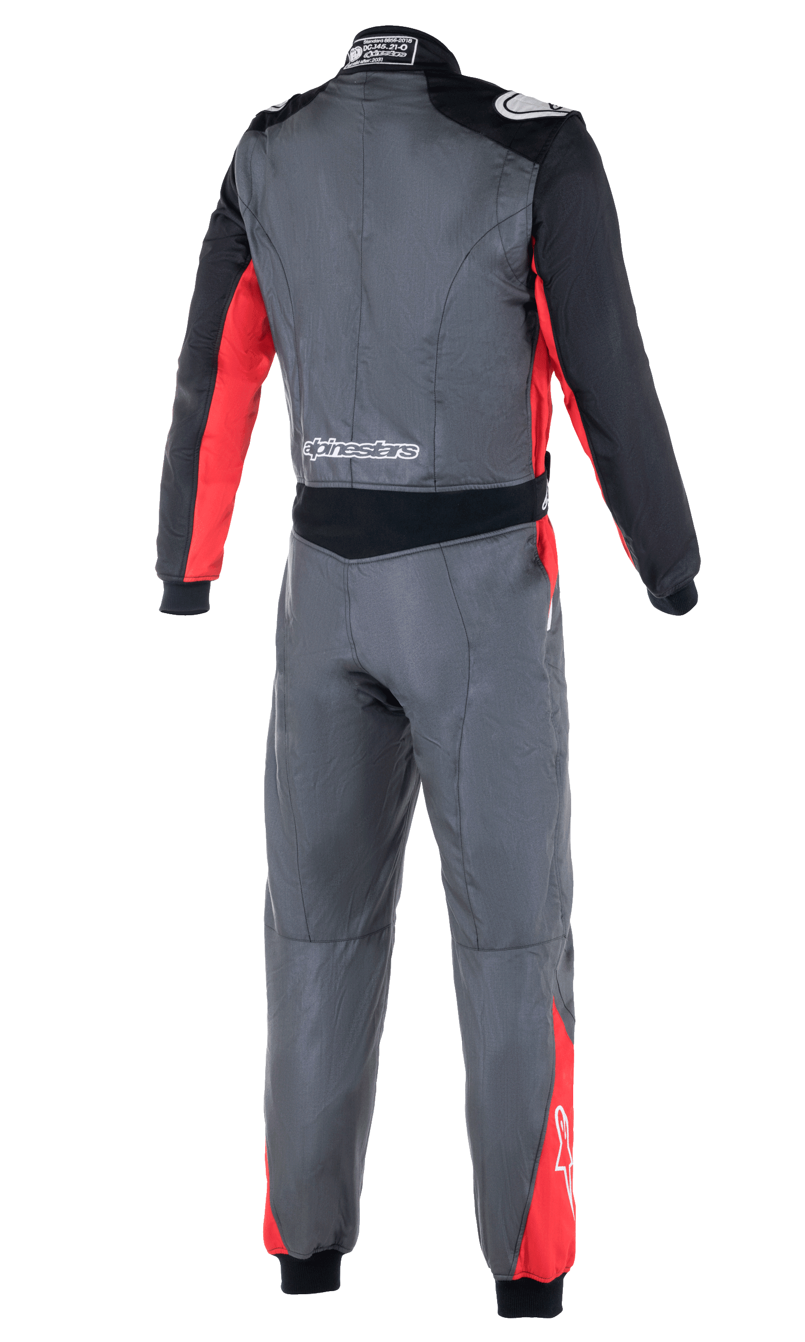 Alpinestars Atom FIA Rennanzug, Auto-Rennanzug, Anthrazit, Rot und Schwarz, Rückansicht mit Stretch-Einsätzen an der Taille, Schulterklappen und Alpinestars-Branding am unteren Rücken und an den Schultern.