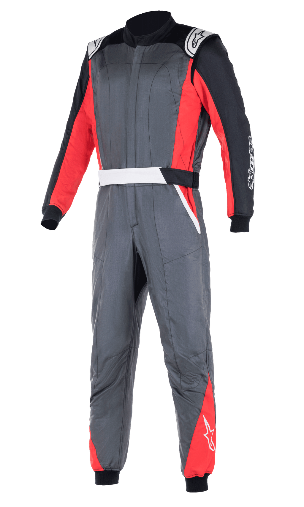 Alpinestars Atom FIA Anzug, professioneller Autorennoanzug, Anthrazitgrau mit roten und schwarzen Paneelen, weiße Schulterklappen und Logo-Branding, zweilagige Konstruktion für Hitze- und Flammschutz