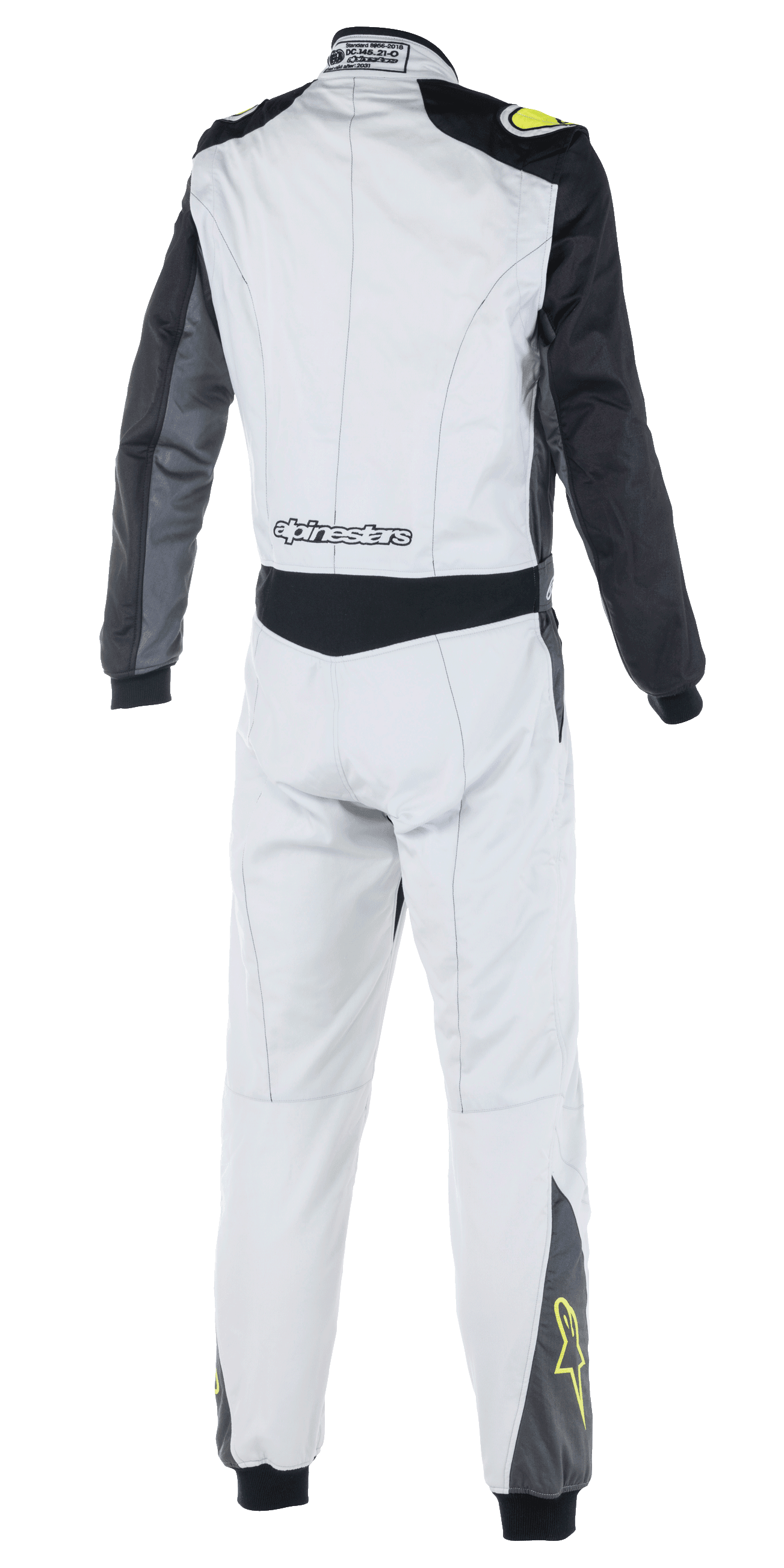 Alpinestars Atom FIA Anzug, Automobil-Rennkombi, Silber, Anthrazit und Gelb Fluo, Rückansicht mit schwarzen Ärmeln und Taillenpaneel, Alpinestars-Branding am unteren Rücken, gelbe Stern-Logos an den Unterschenkeln, FIA-zertifizierte Motorsportbekleidung