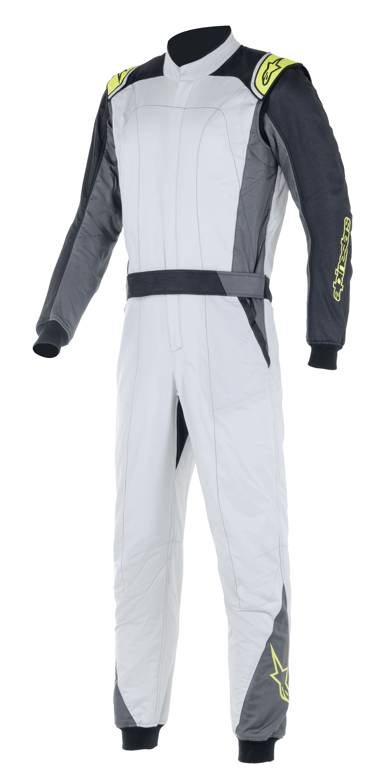 Alpinestars Atom FIA Suit, Automobil-Rennanzug, Silber und Anthrazit mit neongelben Akzenten, einteiliges Design mit hohem Kragen und elastischen Bündchen, professionelle Schutzausrüstung für den Automobilrennsport
