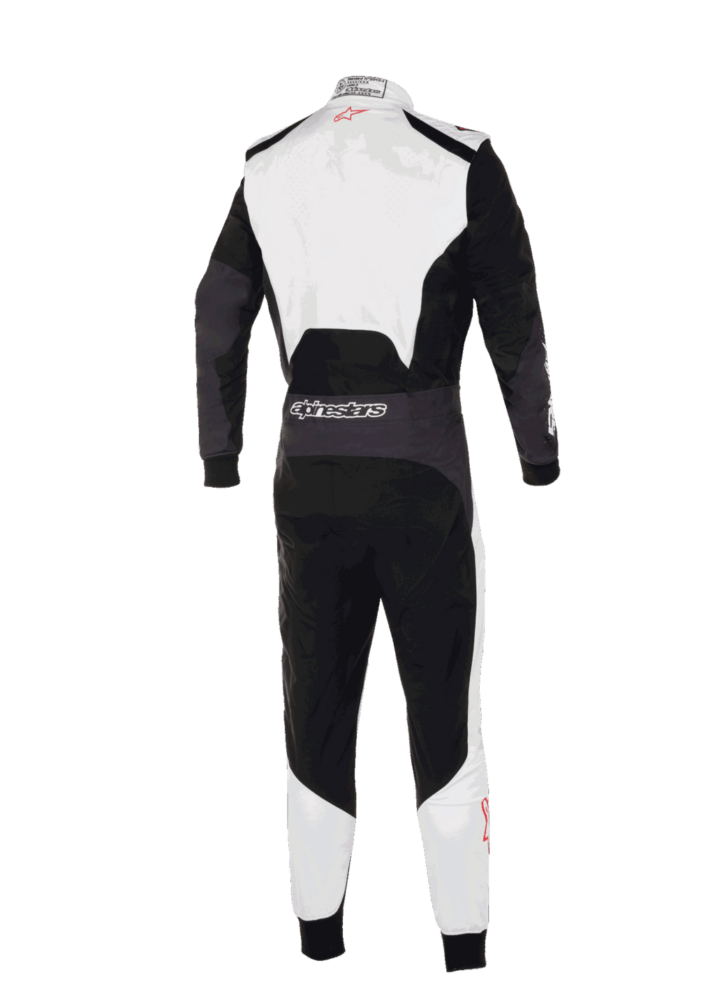 Alpinestars KMX-5 V3 Anzug, Rückansicht eines professionellen Kart-Anzugs, Weiß, Schwarz und leuchtendes Rot, mit weißem oberen Rücken und unteren Beinen, schwarzen Hauptpaneelen, Alpinestars-Branding an der hinteren Taille, ergonomisches Design für professionellen Rennsport.